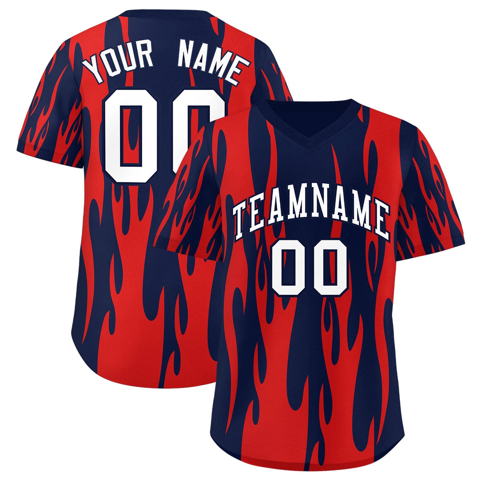 Custom Navy Red Flame Pattern Authentic Pullover Baseball Jersey