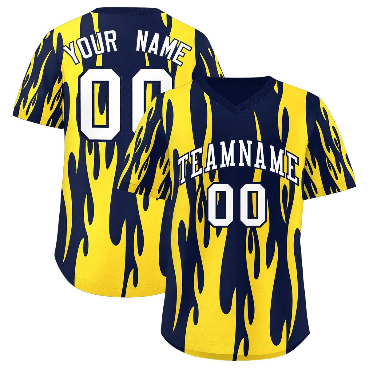 Custom Navy Gold Flame Pattern Authentic Pullover Baseball Jersey
