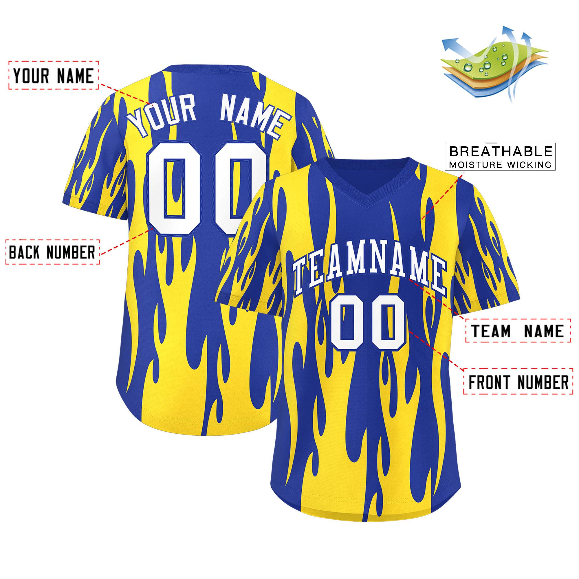 Custom Royal Gold Flame Pattern Authentic Pullover Baseball Jersey