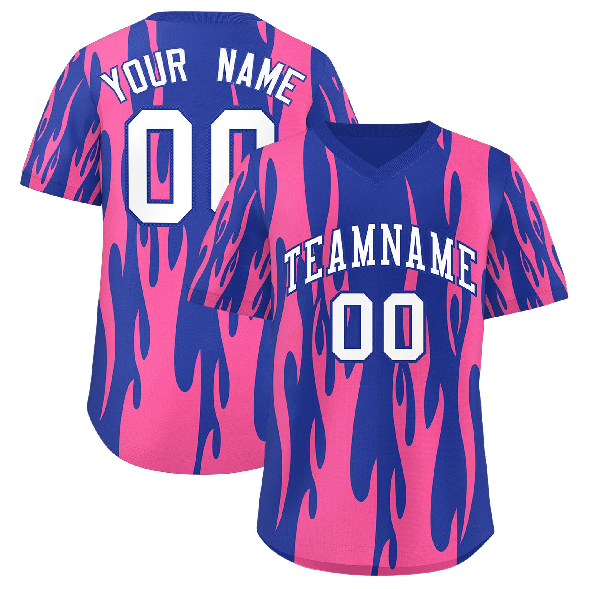 Custom Royal Pink Flame Pattern Authentic Pullover Baseball Jersey