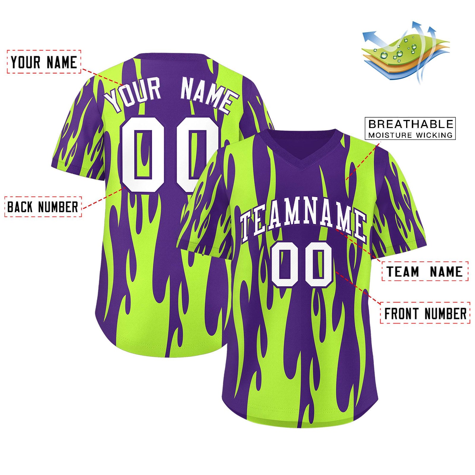 Custom Purple Neon Green Flame Pattern Authentic Pullover Baseball Jersey