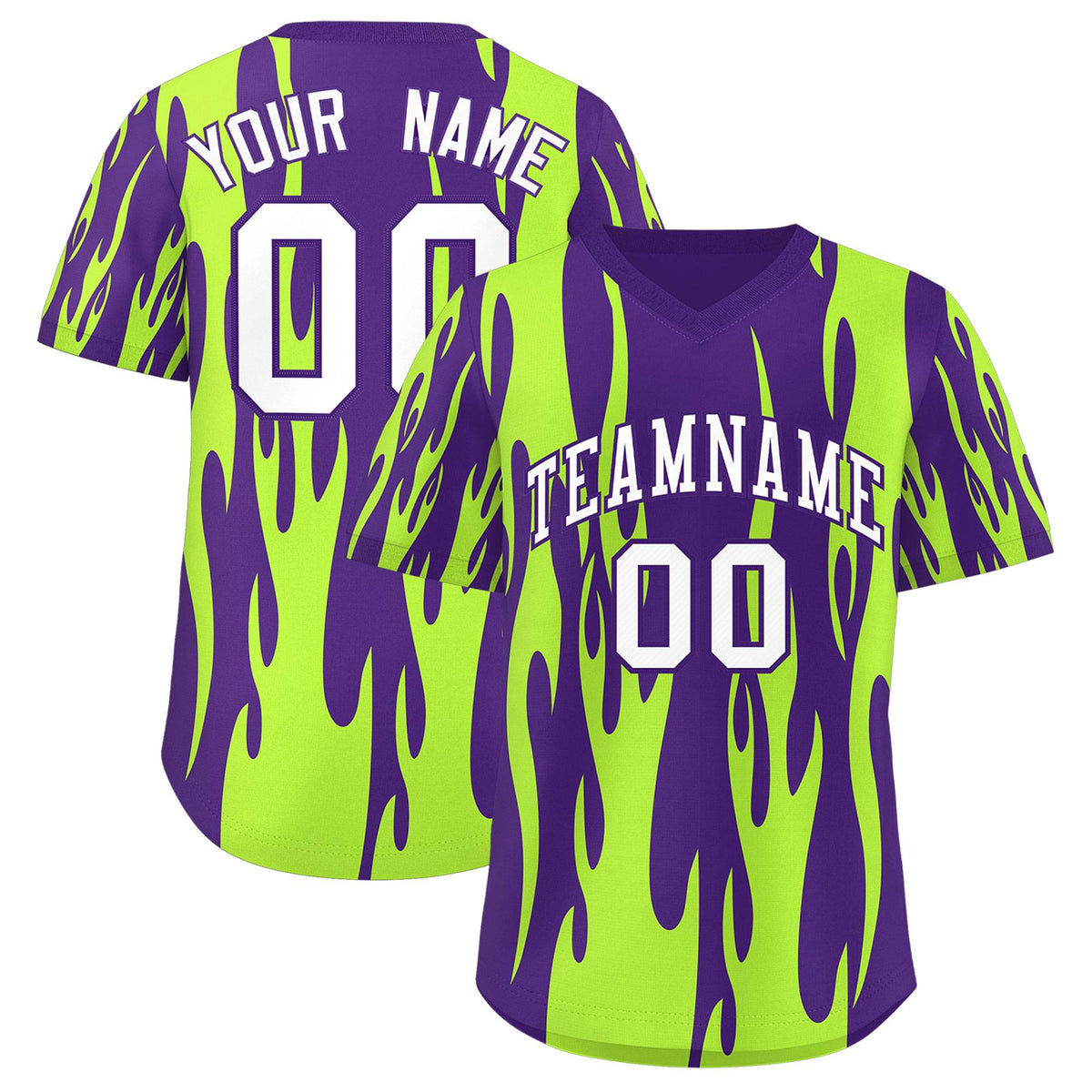 Custom Purple Neon Green Flame Pattern Authentic Pullover Baseball Jersey