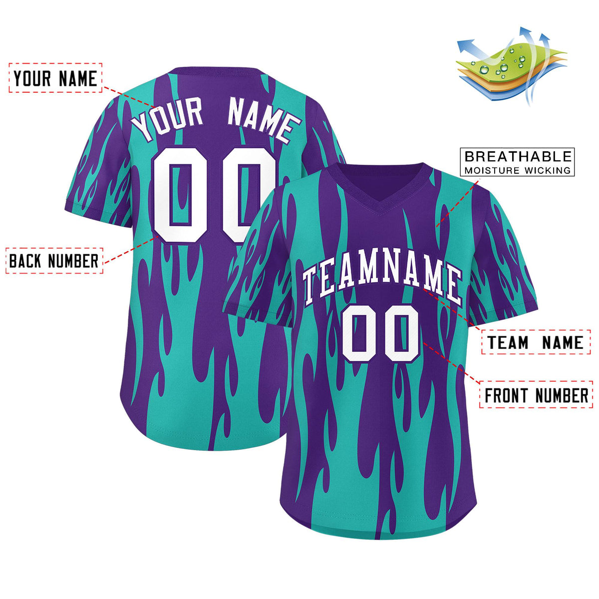 Custom Purple Aqua Flame Pattern Authentic Pullover Baseball Jersey
