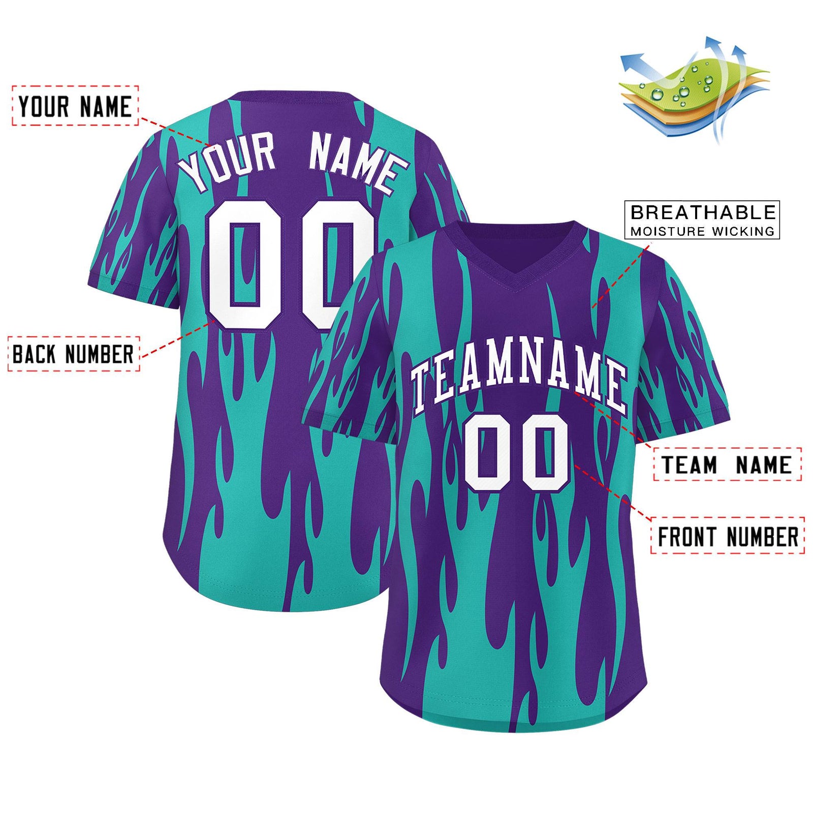 Custom Purple Aqua Flame Pattern Authentic Pullover Baseball Jersey