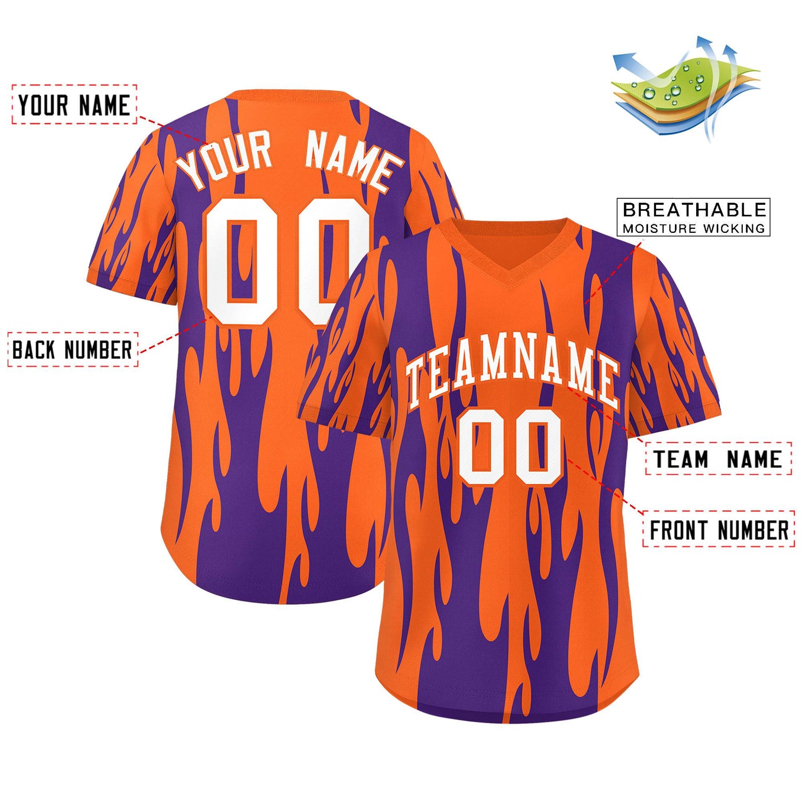 Custom Orange Purple Flame Pattern Authentic Pullover Baseball Jersey