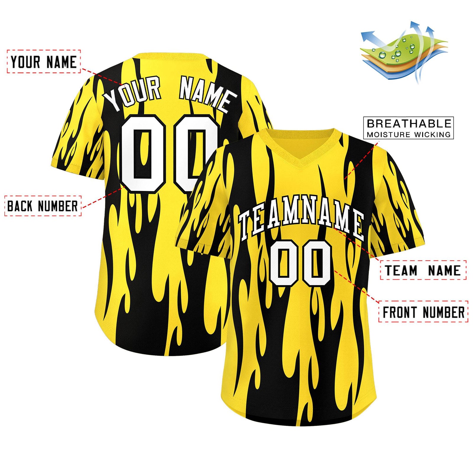 Custom Gold Black Flame Pattern Authentic Pullover Baseball Jersey