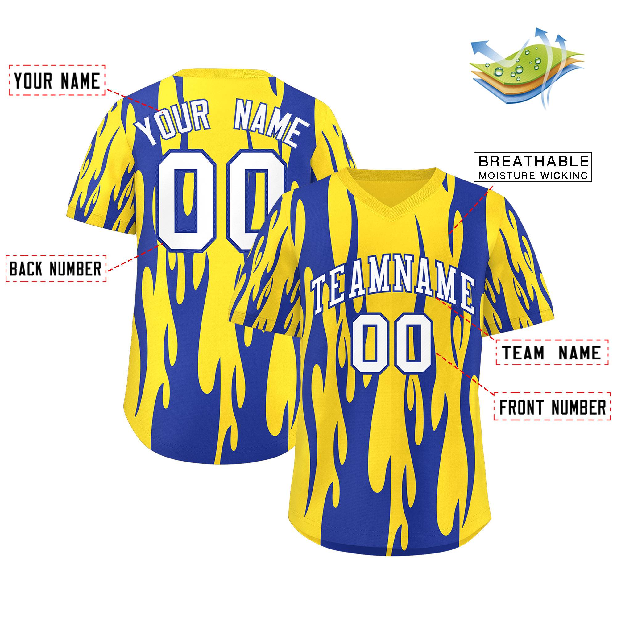 Custom Gold Royal Flame Pattern Authentic Pullover Baseball Jersey