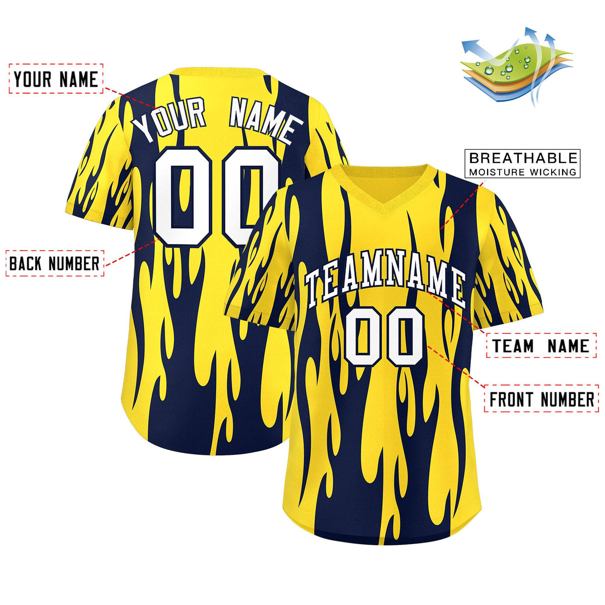 Custom Gold Navy Flame Pattern Authentic Pullover Baseball Jersey