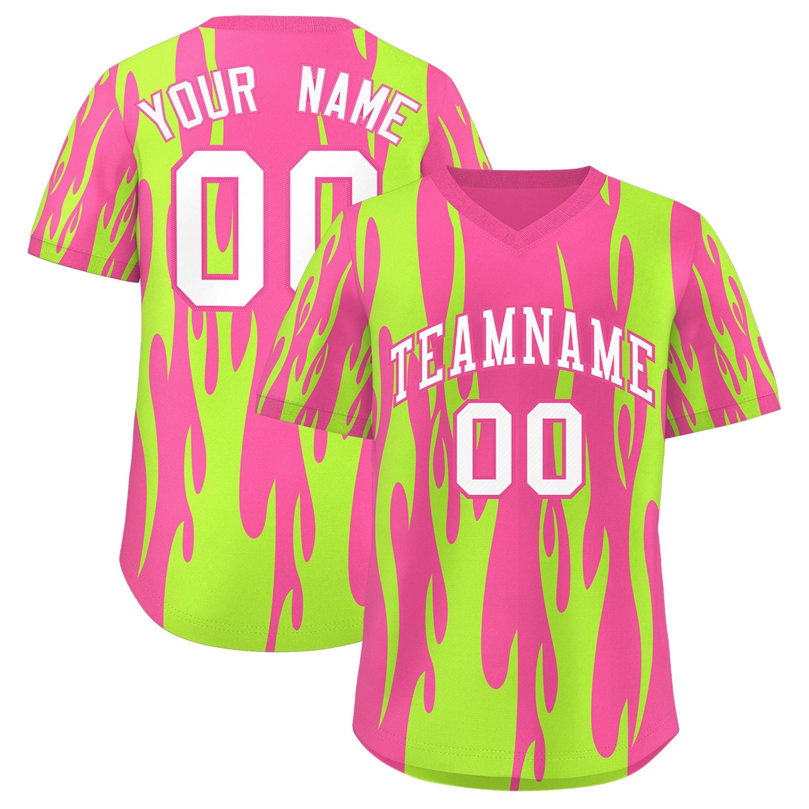 Custom Pink Neon Green Flame Pattern Authentic Pullover Baseball Jersey