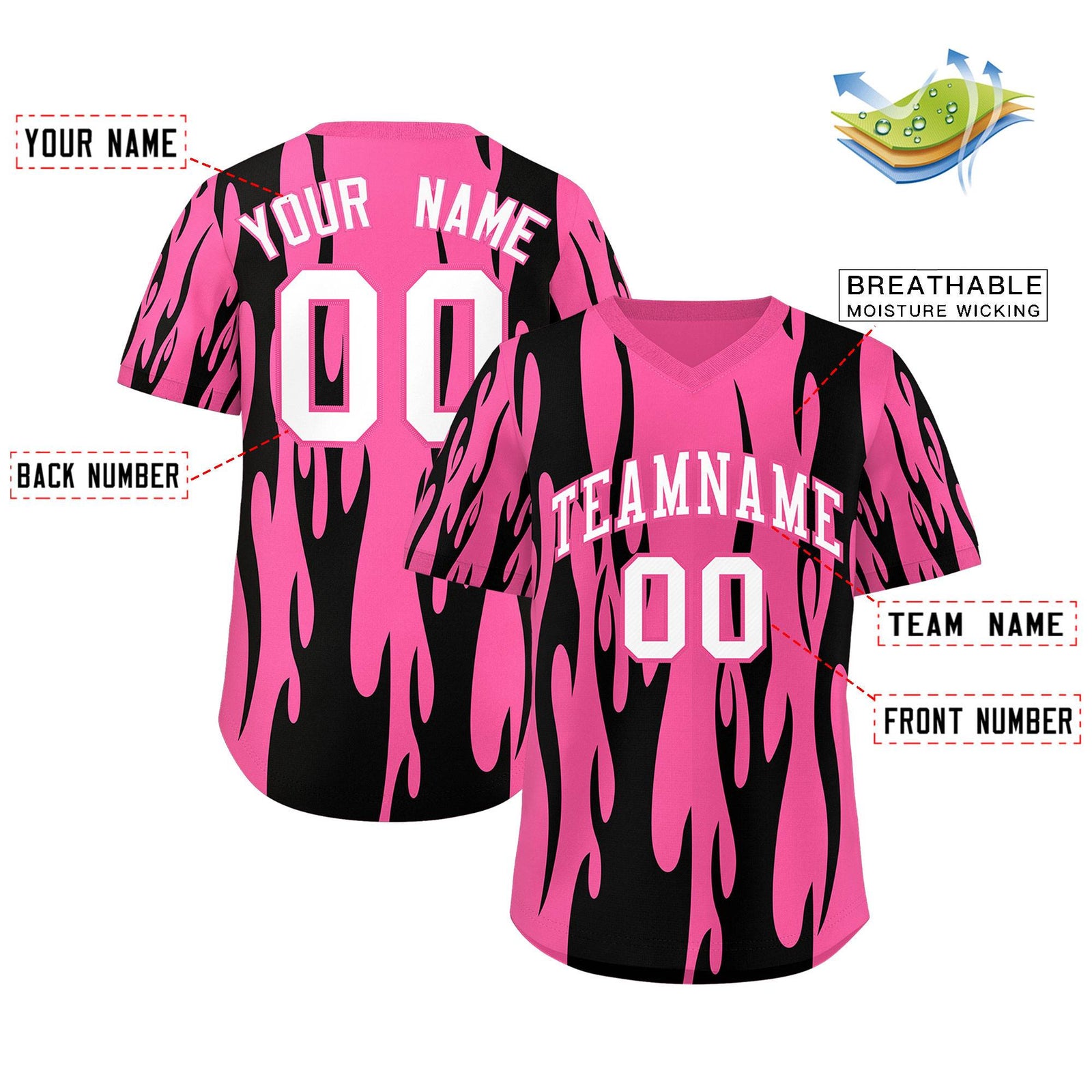 Custom Pink Black Flame Pattern Authentic Pullover Baseball Jersey