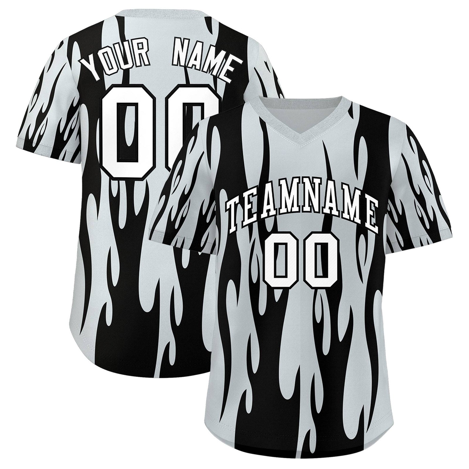Custom Silver Black Flame Pattern Authentic Pullover Baseball Jersey