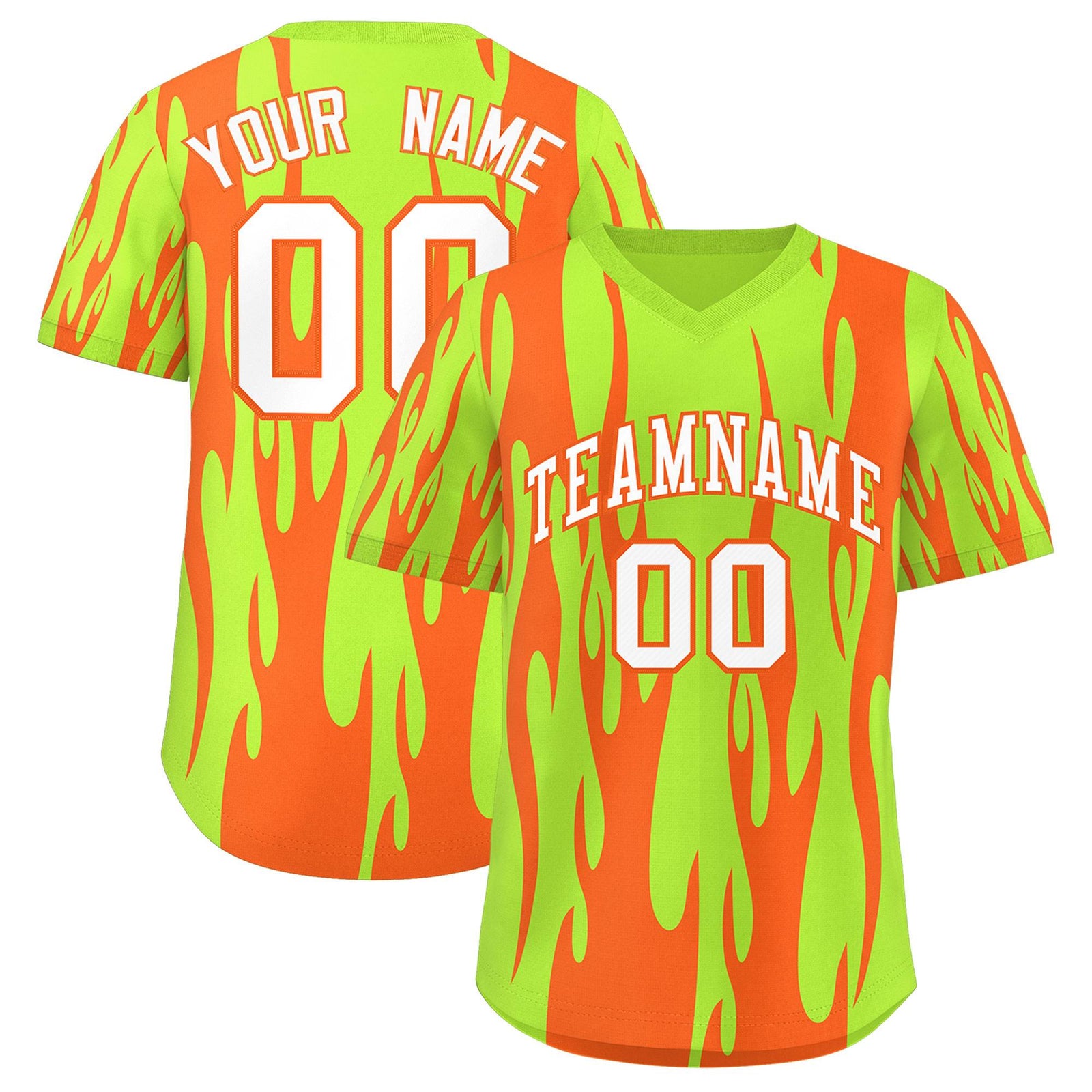 Custom Neon Green Orange Flame Pattern Authentic Pullover Baseball Jersey