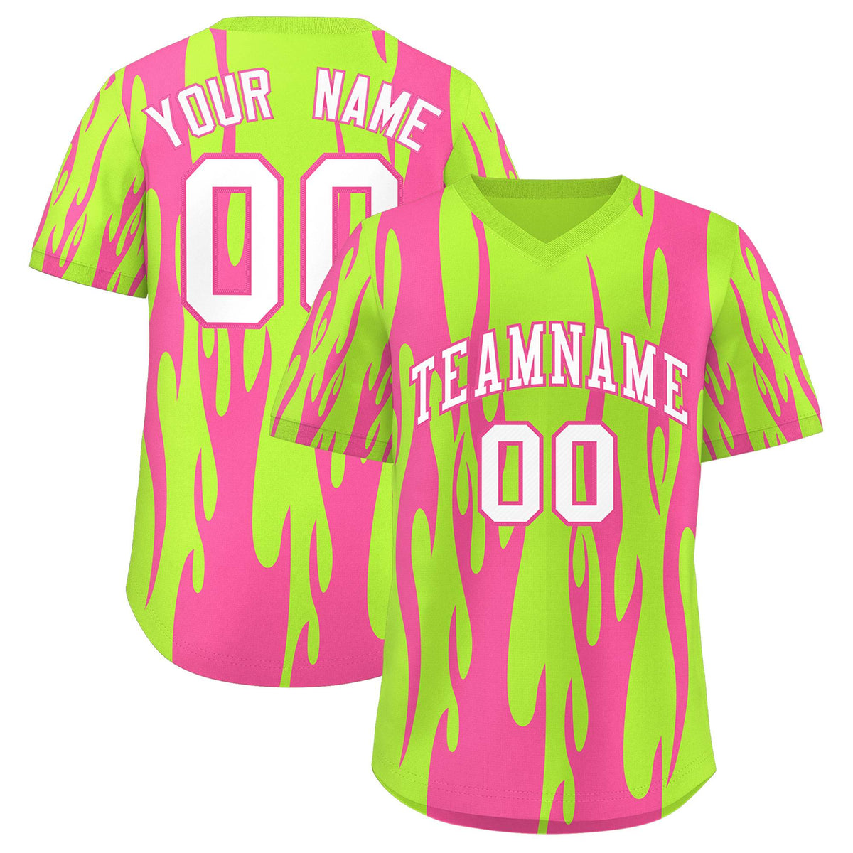 Custom Neon Green Pink Flame Pattern Authentic Pullover Baseball Jersey