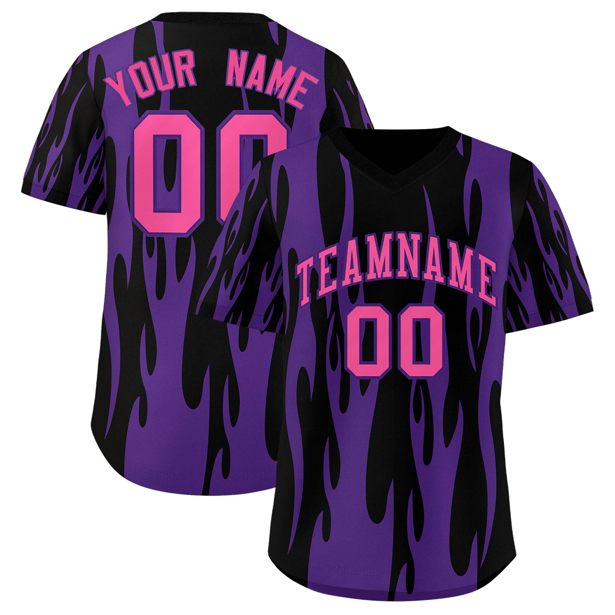 Custom Black Purple Flame Pattern Authentic Pullover Baseball Jersey