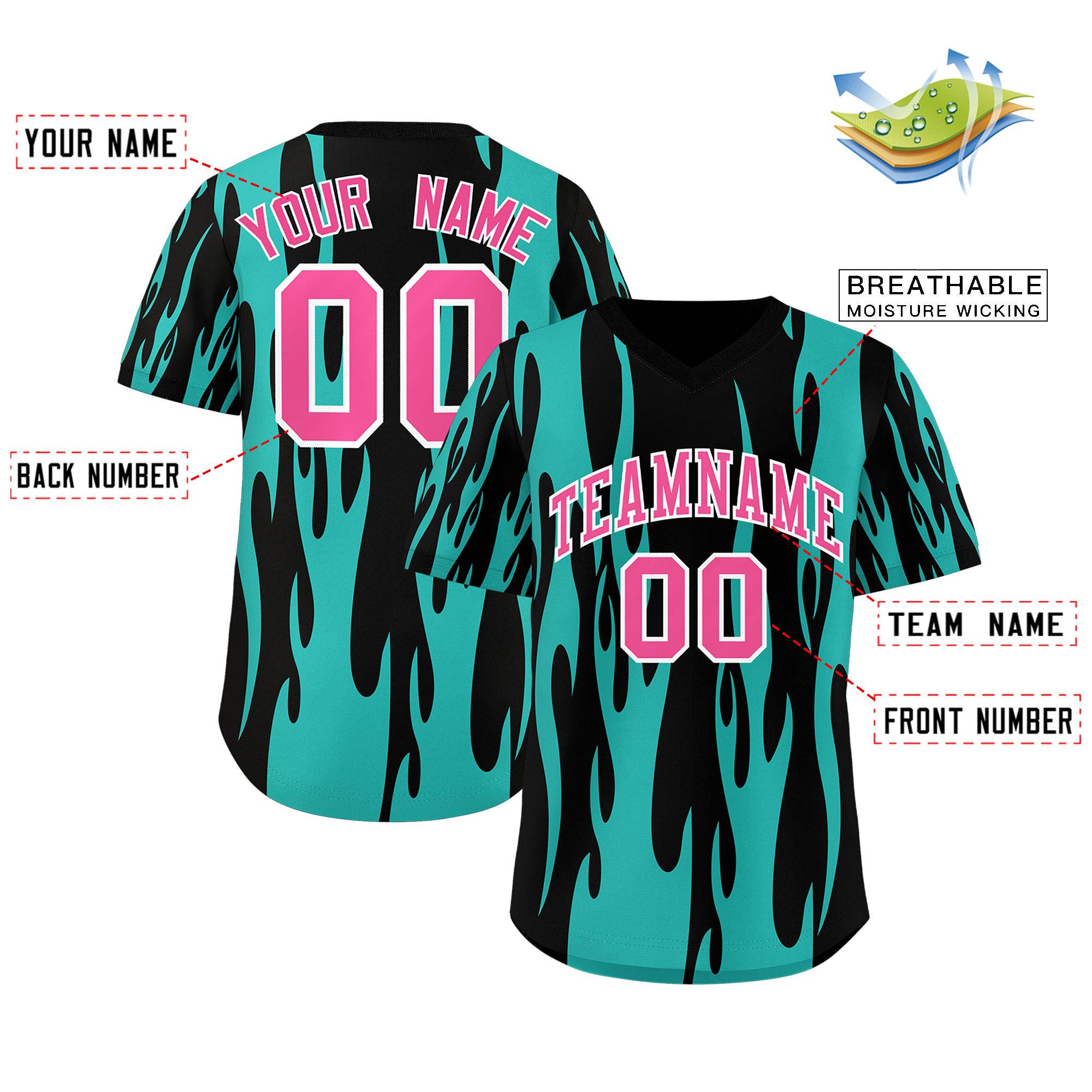 Custom Black Aqua Flame Pattern Authentic Pullover Baseball Jersey