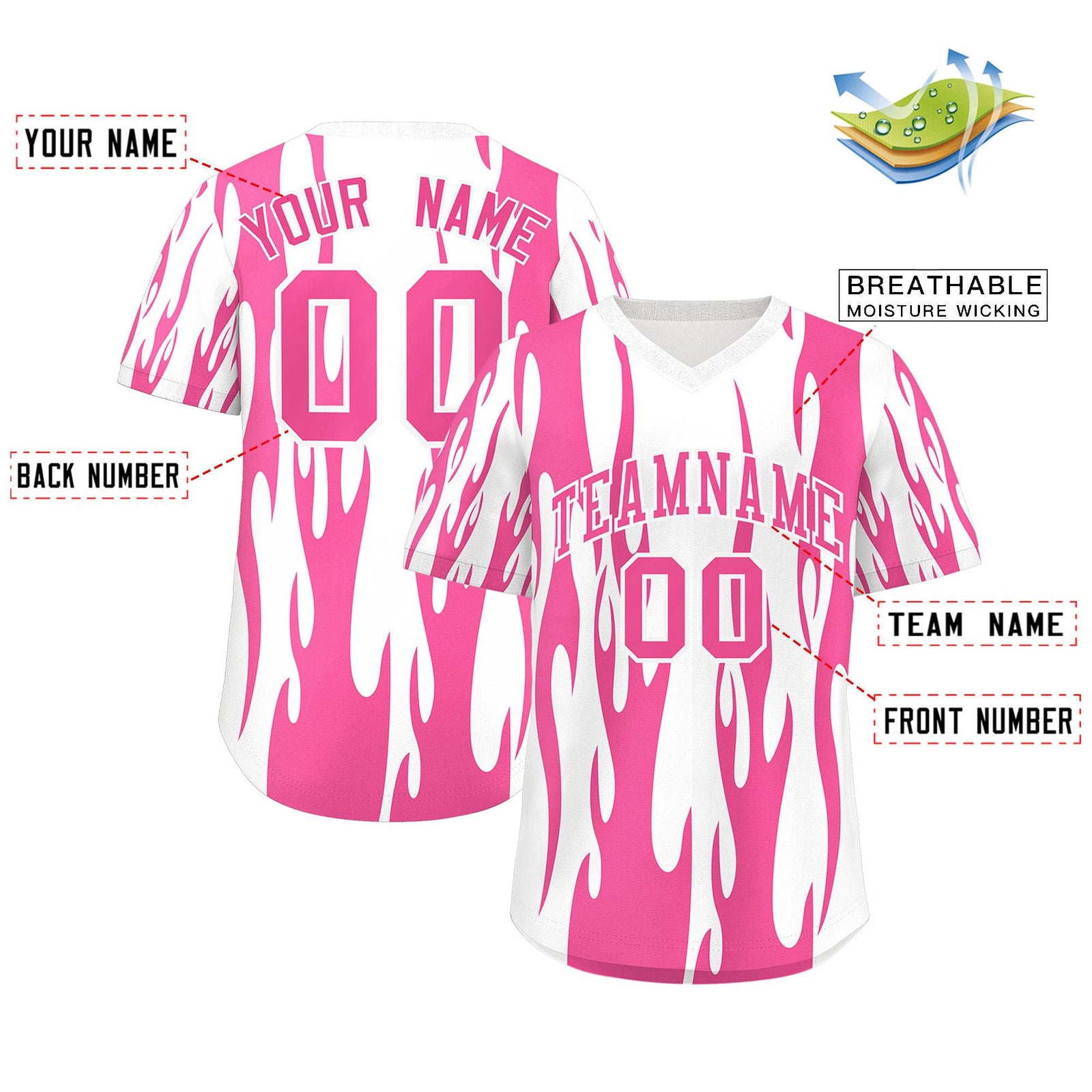 Custom White Pink Flame Pattern Authentic Pullover Baseball Jersey