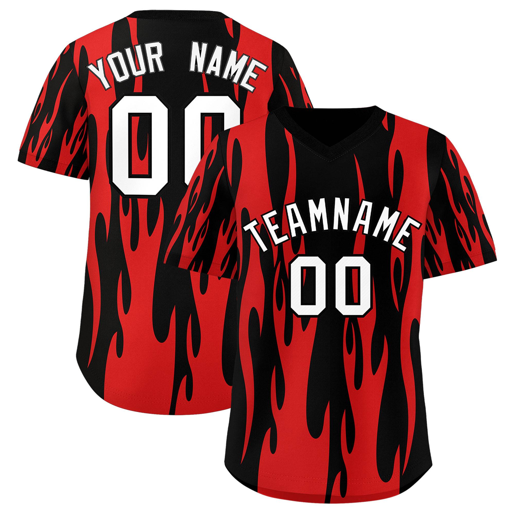 Custom Black Red Flame Pattern Authentic Pullover Baseball Jersey