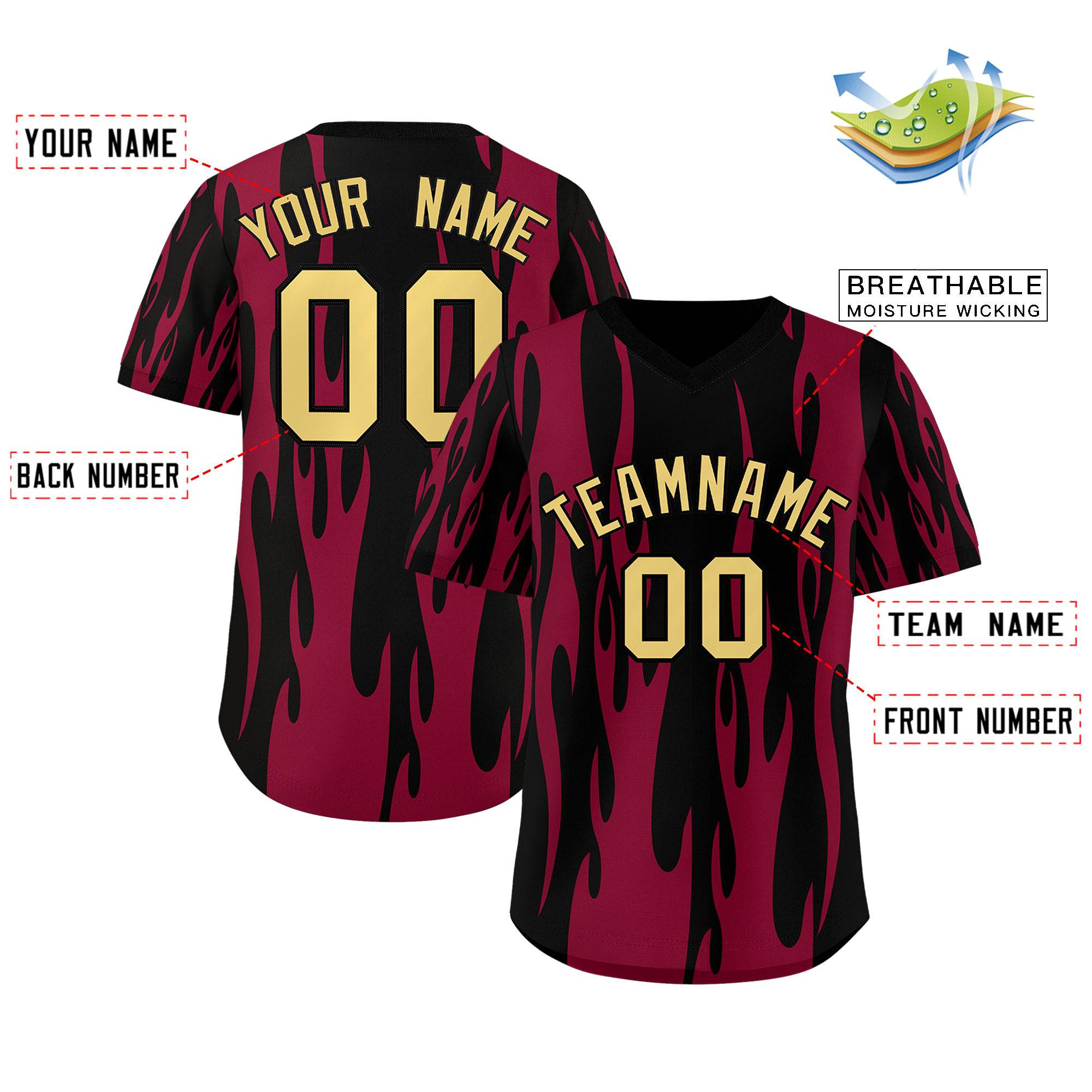 Custom Black Crimson Flame Pattern Authentic Pullover Baseball Jersey