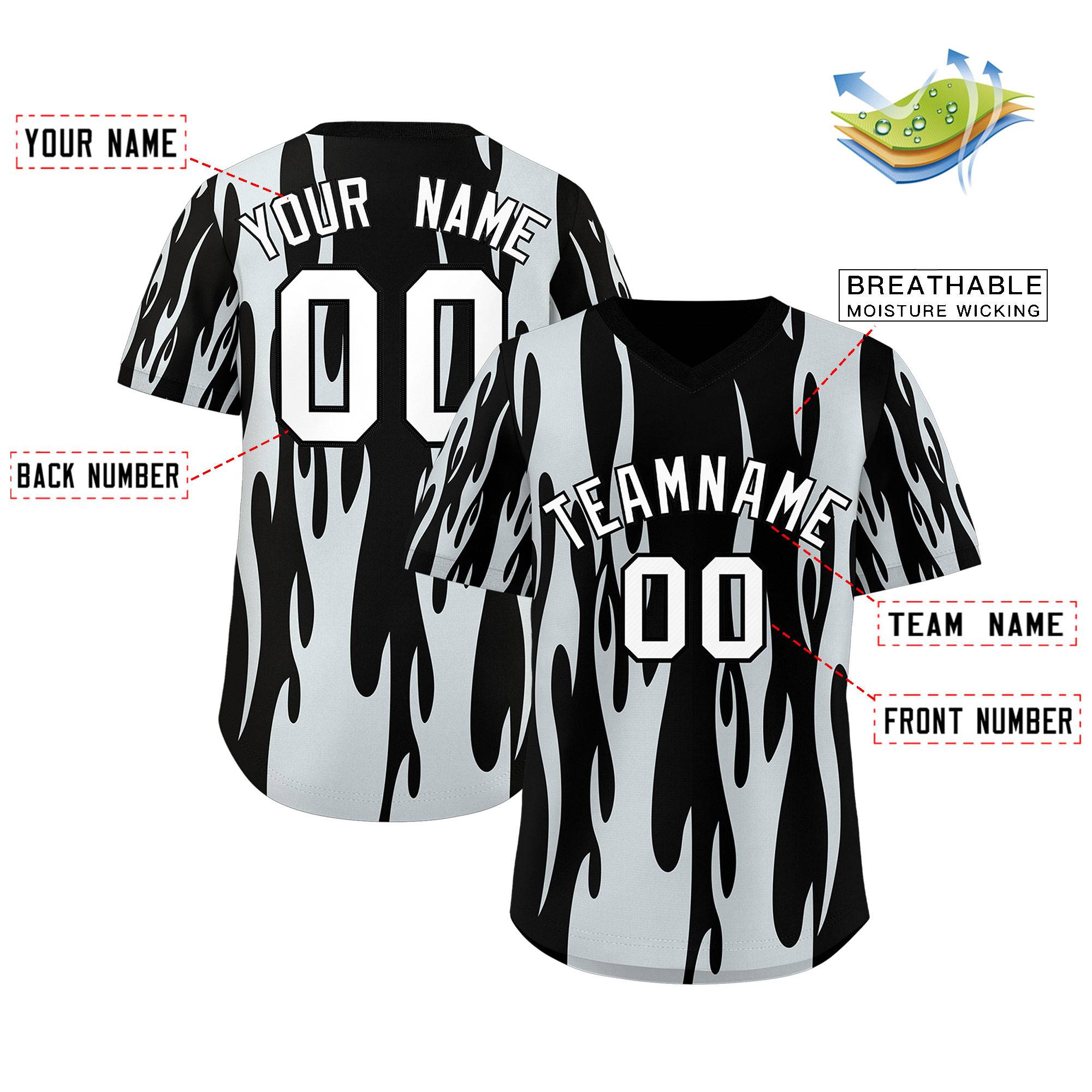 Custom Black Silver Flame Pattern Authentic Pullover Baseball Jersey