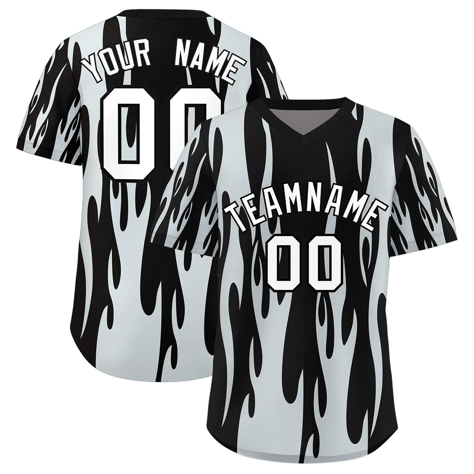 Custom Black Silver Flame Pattern Authentic Pullover Baseball Jersey