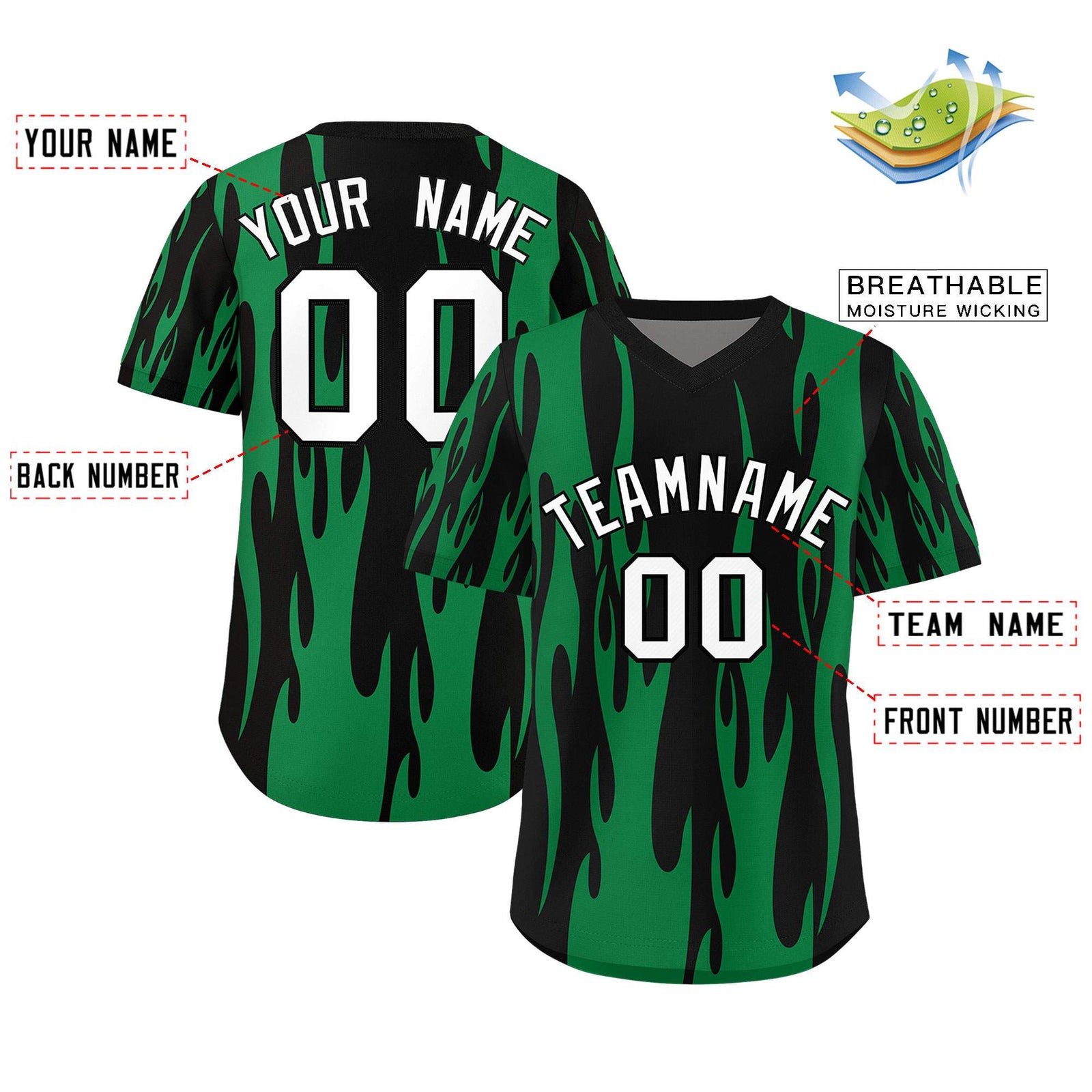 Custom Black Kelly Green Flame Pattern Authentic Pullover Baseball Jersey