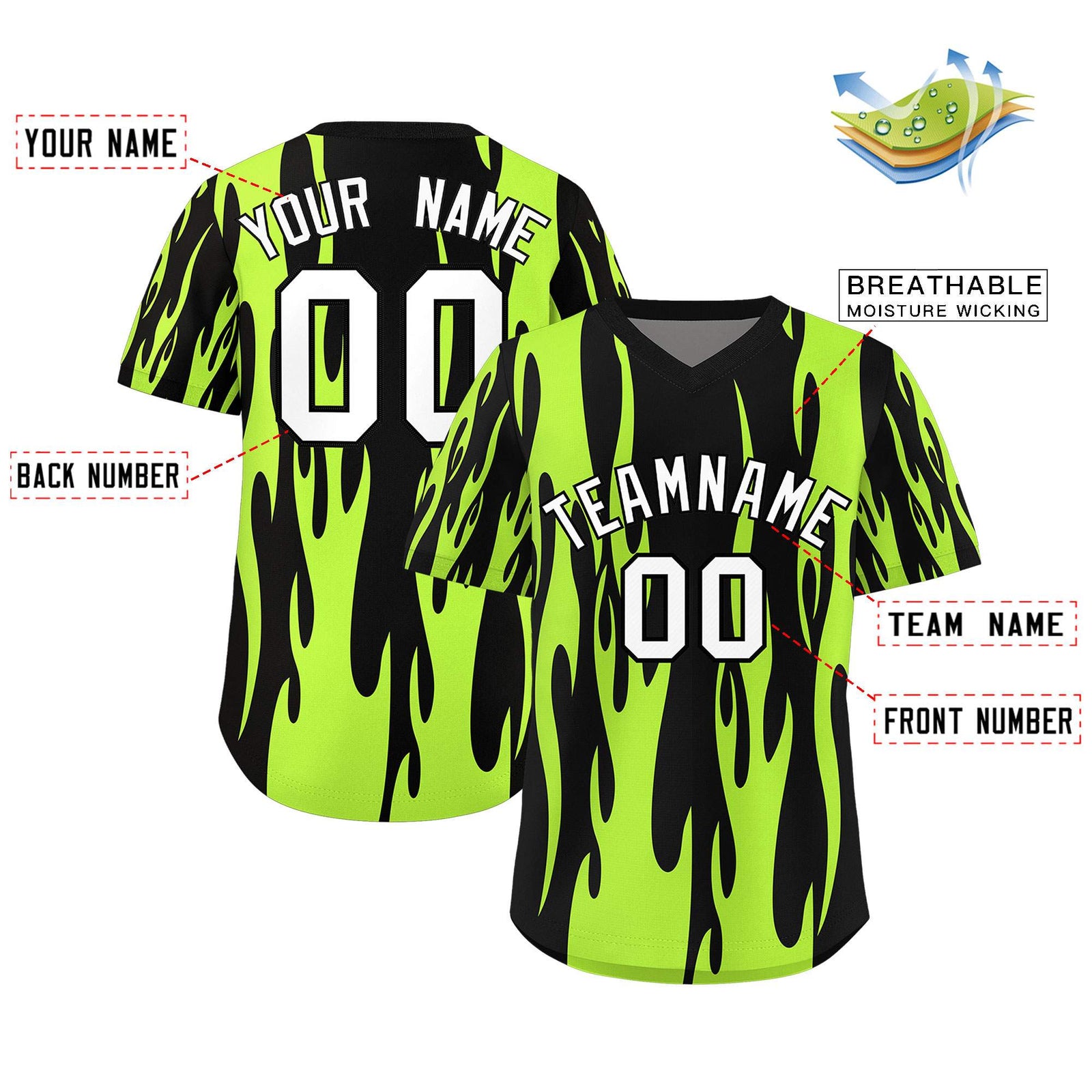 Custom Black Neon Green Flame Pattern Authentic Pullover Baseball Jersey