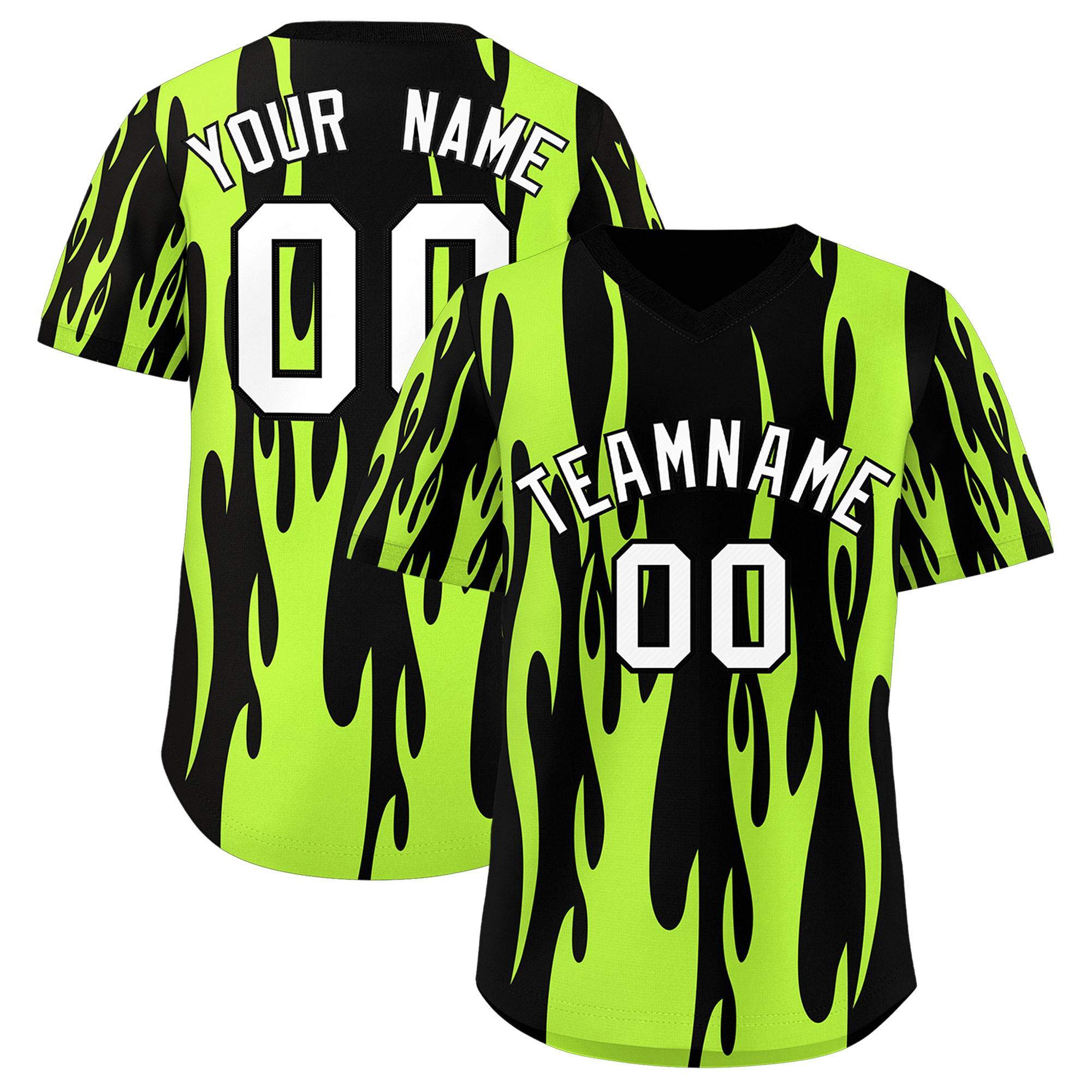 Custom Black Neon Green Flame Pattern Authentic Pullover Baseball Jersey