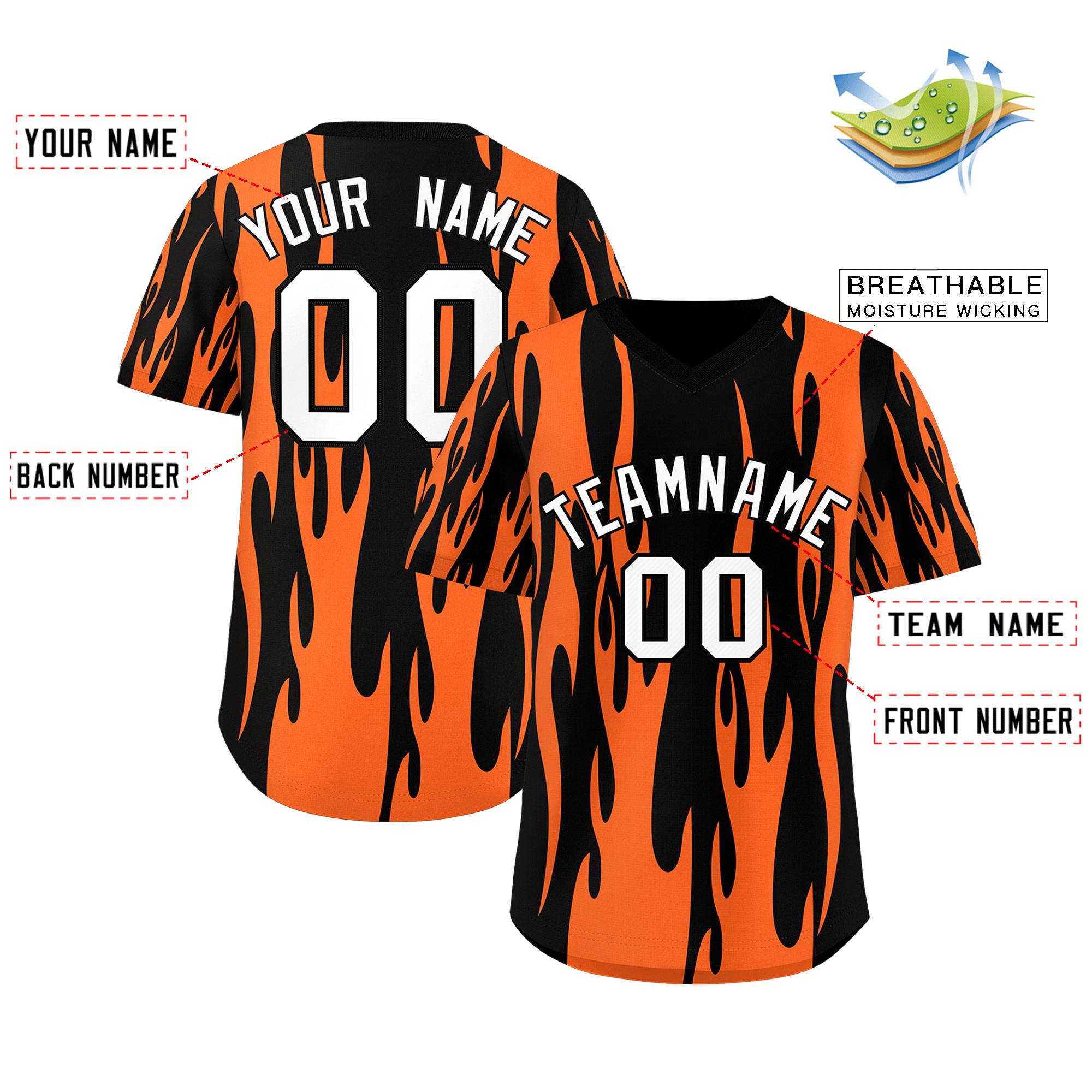 Custom Black Orange Flame Pattern Authentic Pullover Baseball Jersey