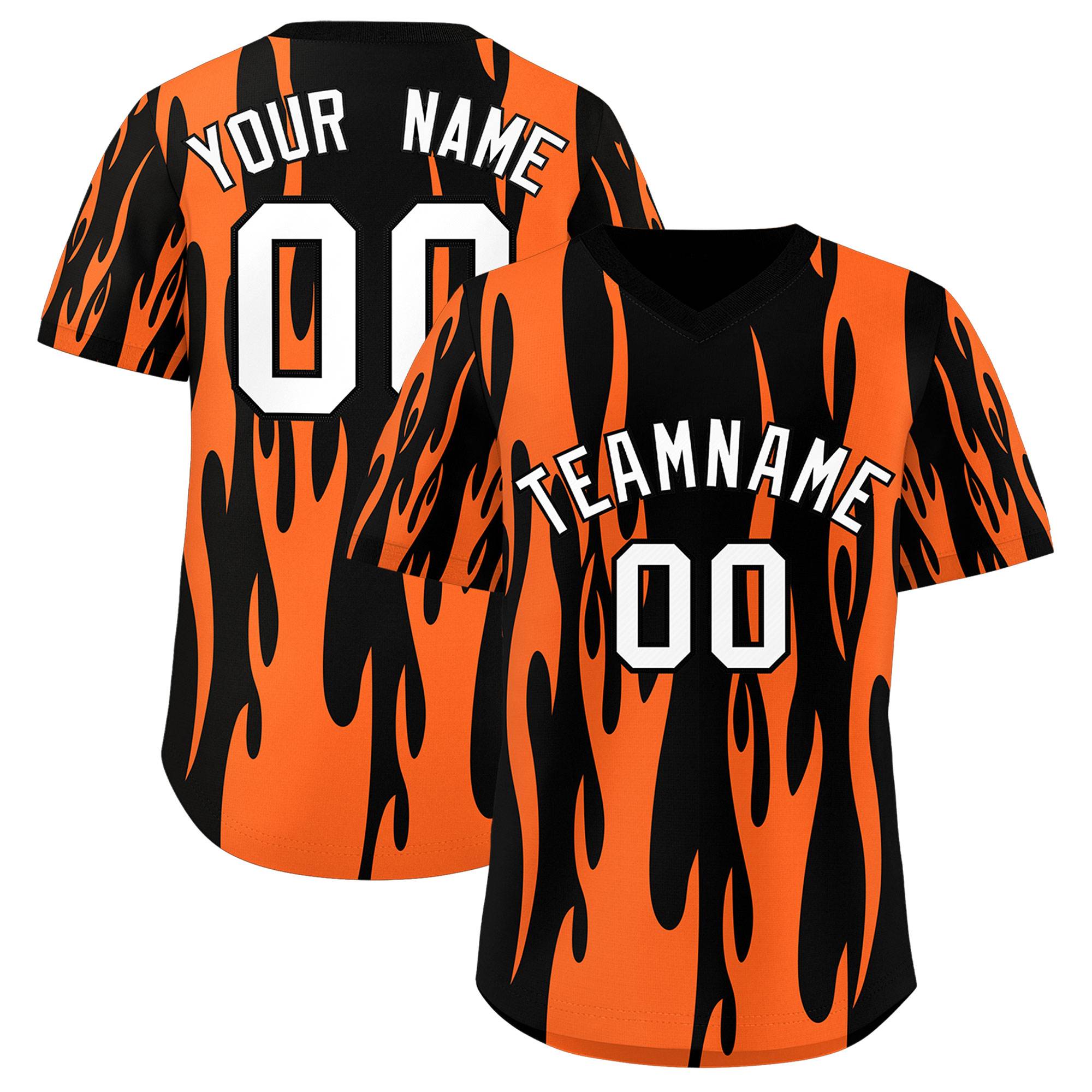 Custom Black Orange Flame Pattern Authentic Pullover Baseball Jersey