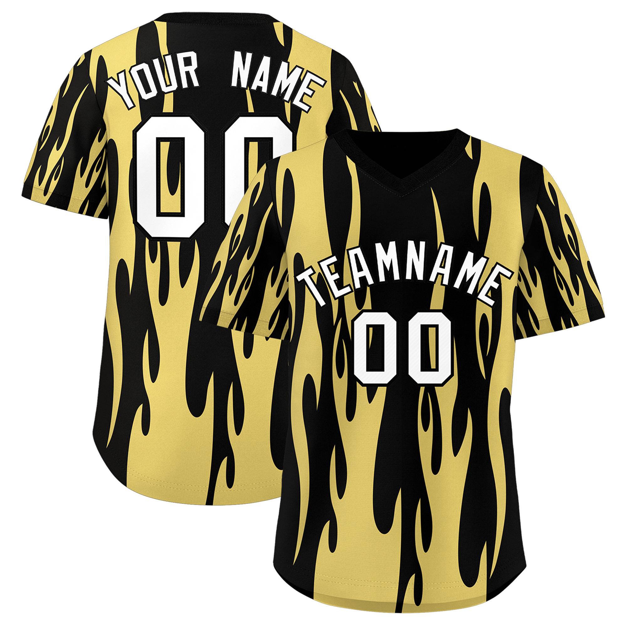 Custom Black Old Gold Flame Pattern Authentic Pullover Baseball Jersey