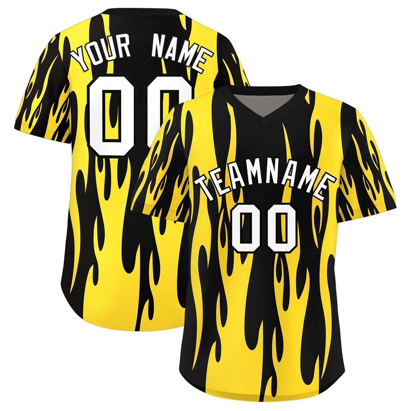 Custom Black Gold Flame Pattern Authentic Pullover Baseball Jersey
