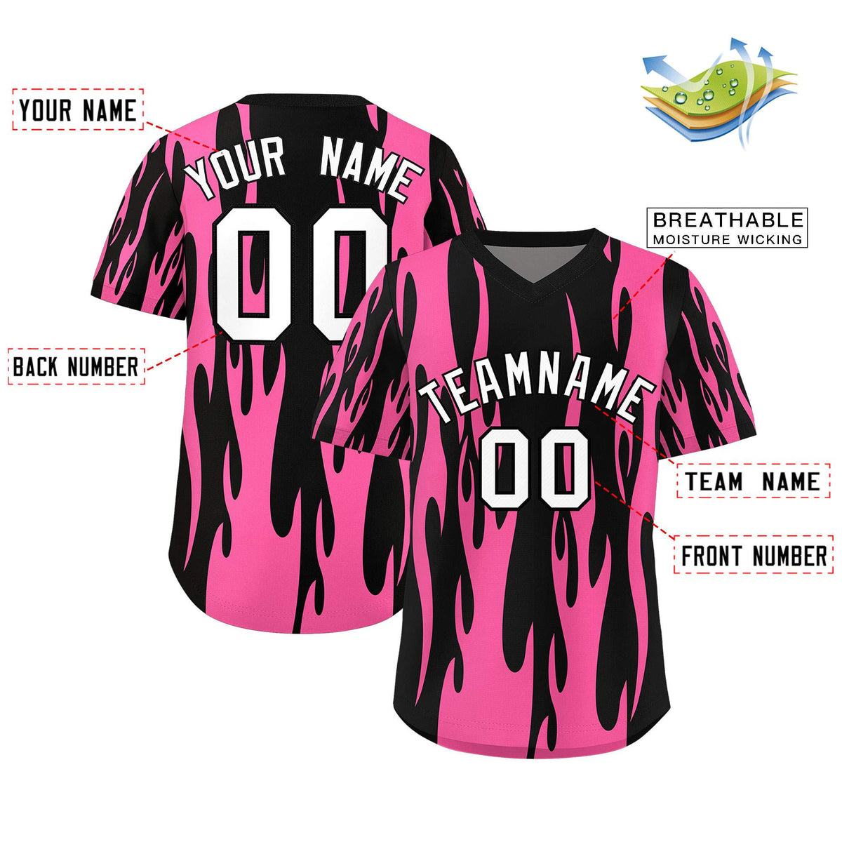 Custom Black Pink Flame Pattern Authentic Pullover Baseball Jersey