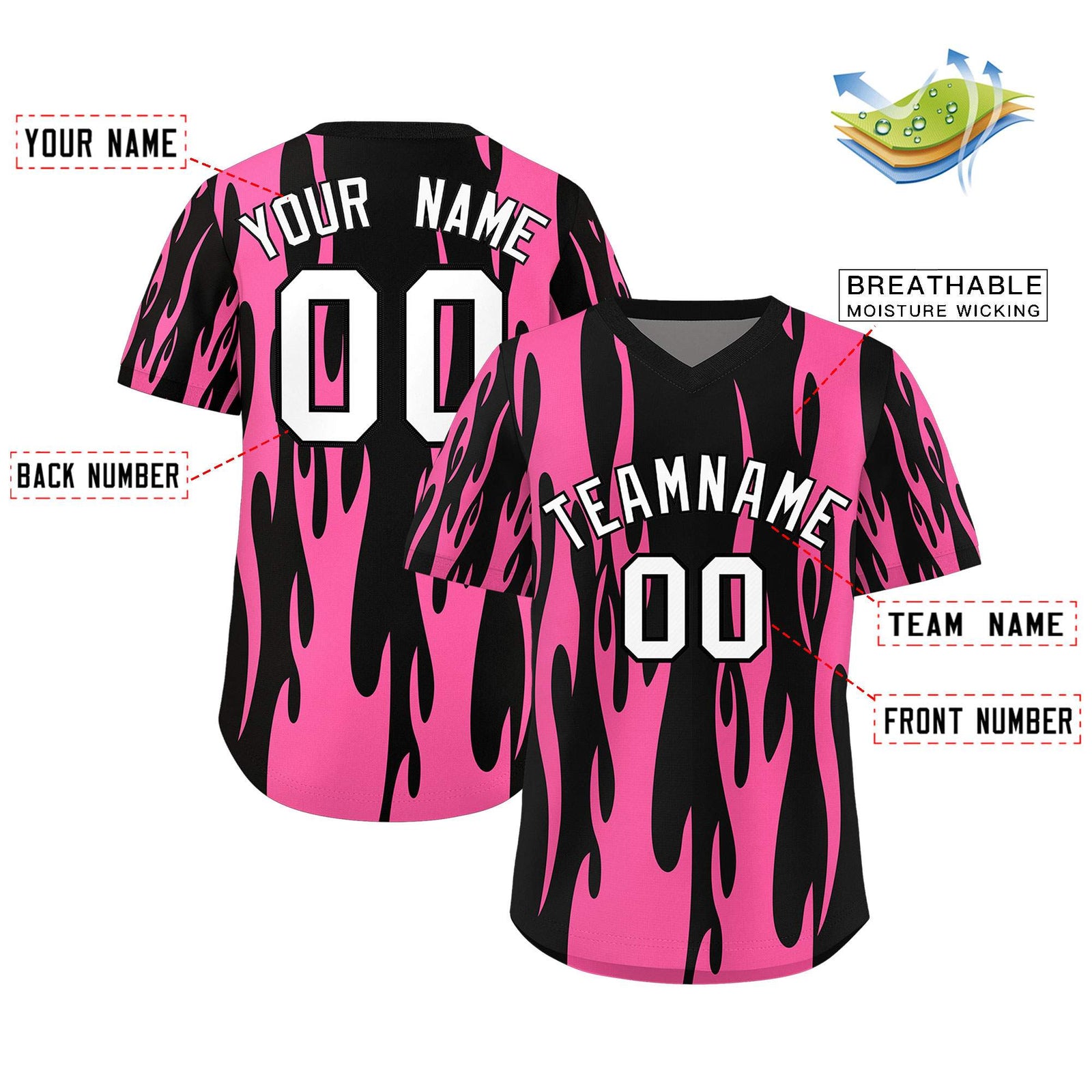 Custom Black Pink Flame Pattern Authentic Pullover Baseball Jersey