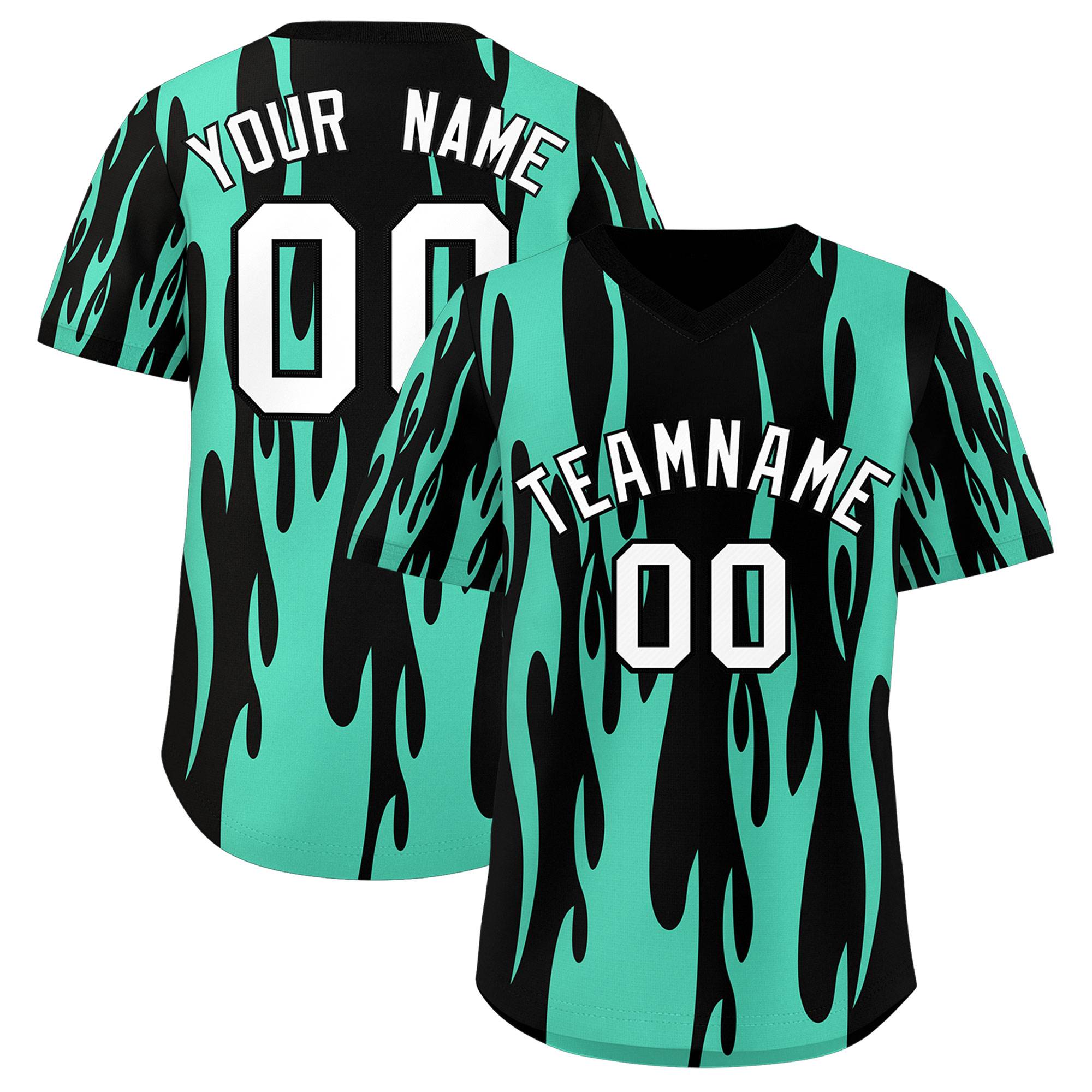 Custom Black Bright Green Flame Pattern Authentic Pullover Baseball Jersey