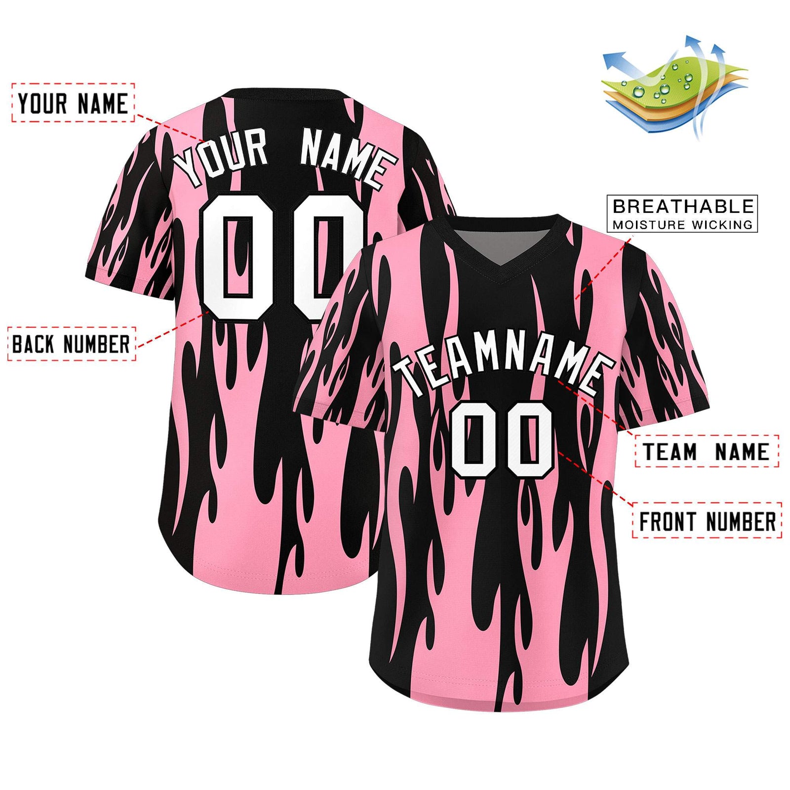 Custom Black Light Pink Flame Pattern Authentic Pullover Baseball Jersey