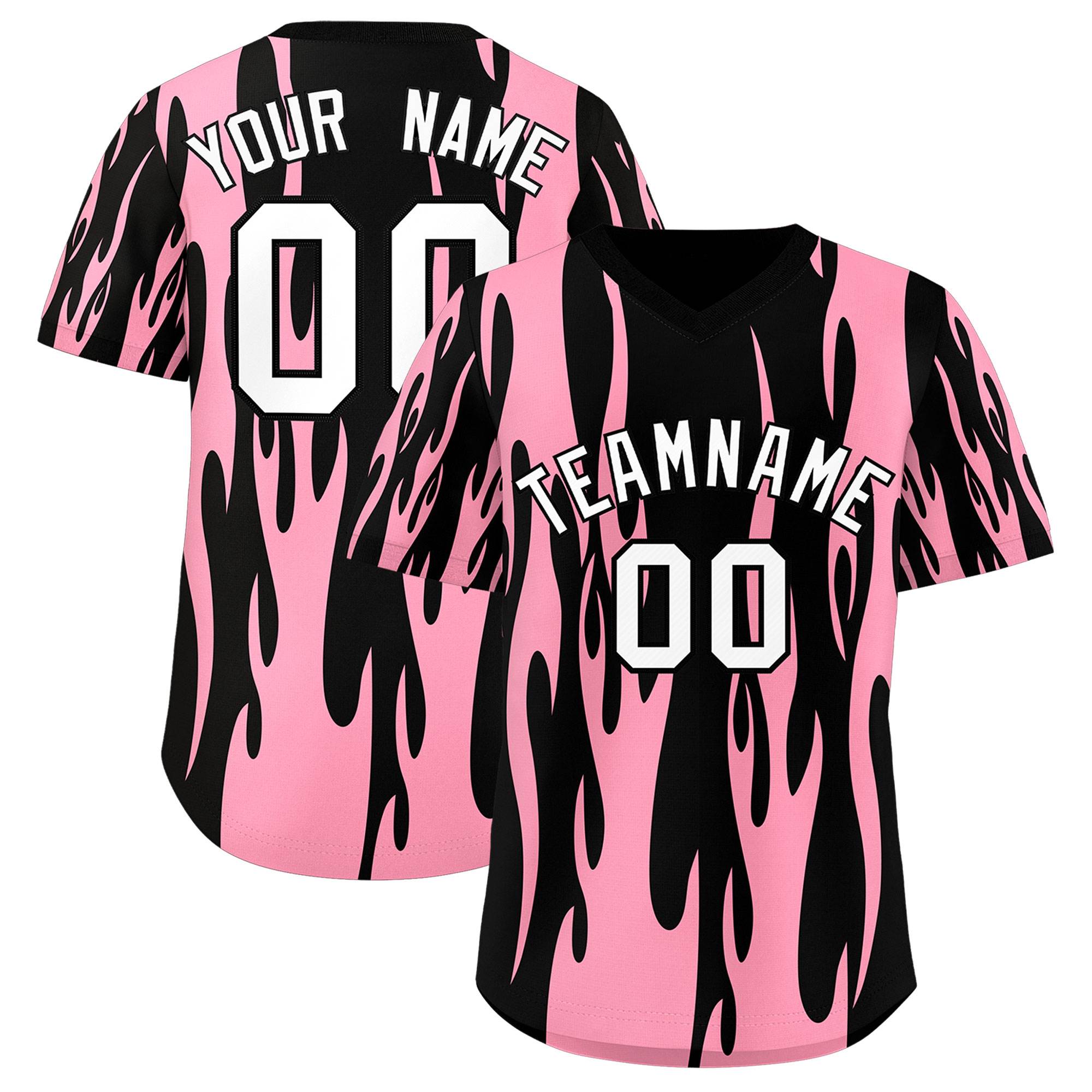 Custom Black Light Pink Flame Pattern Authentic Pullover Baseball Jersey