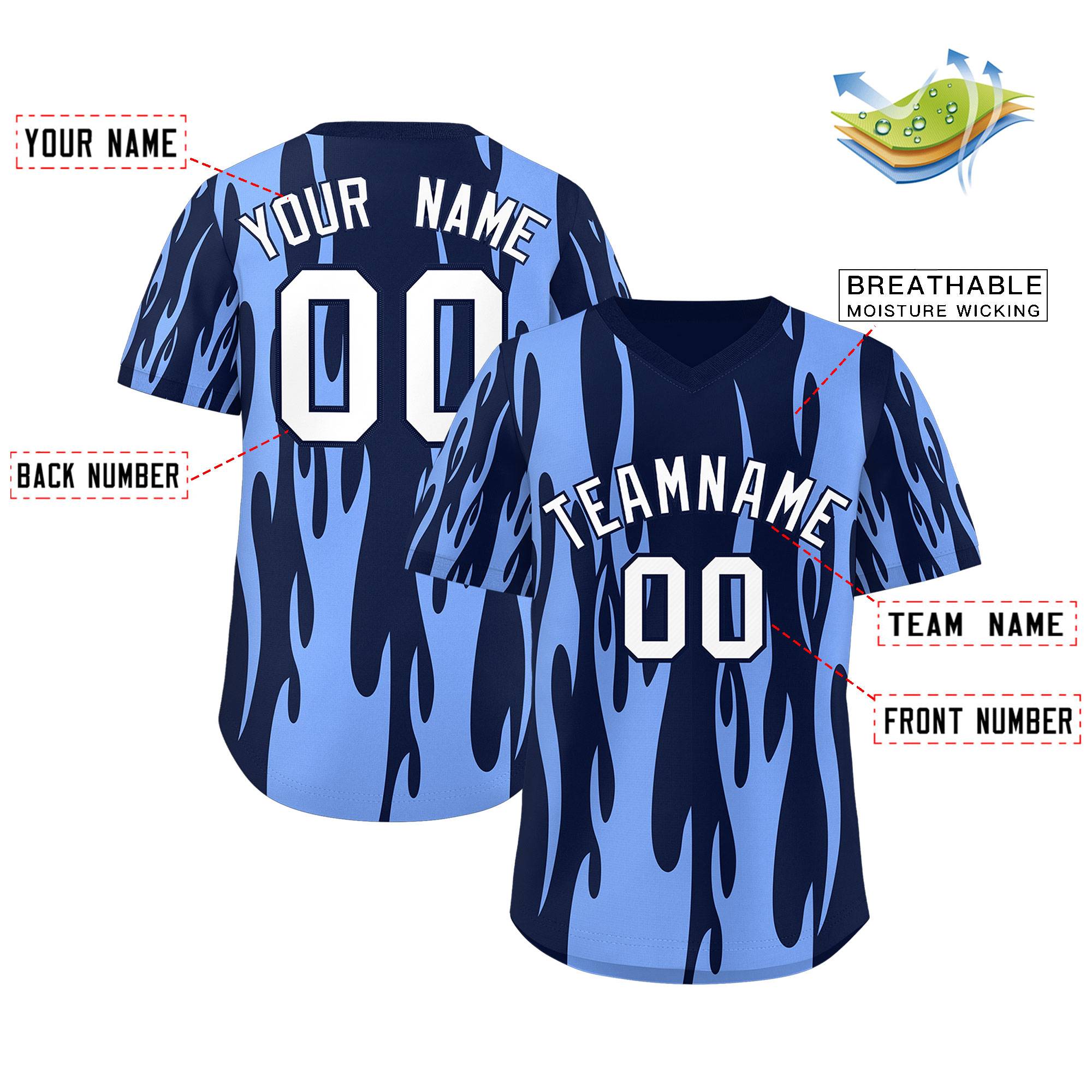 Custom Navy Light Blue Flame Pattern Authentic Pullover Baseball Jersey