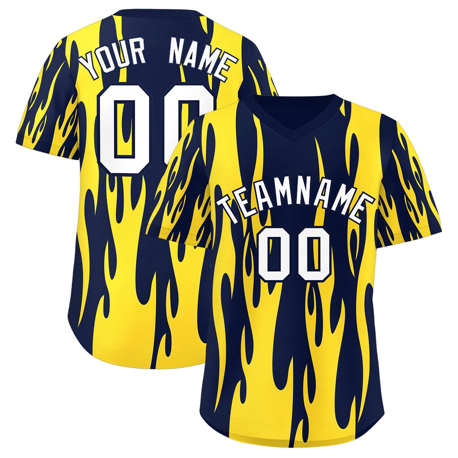 Custom Navy Gold Flame Pattern Authentic Pullover Baseball Jersey
