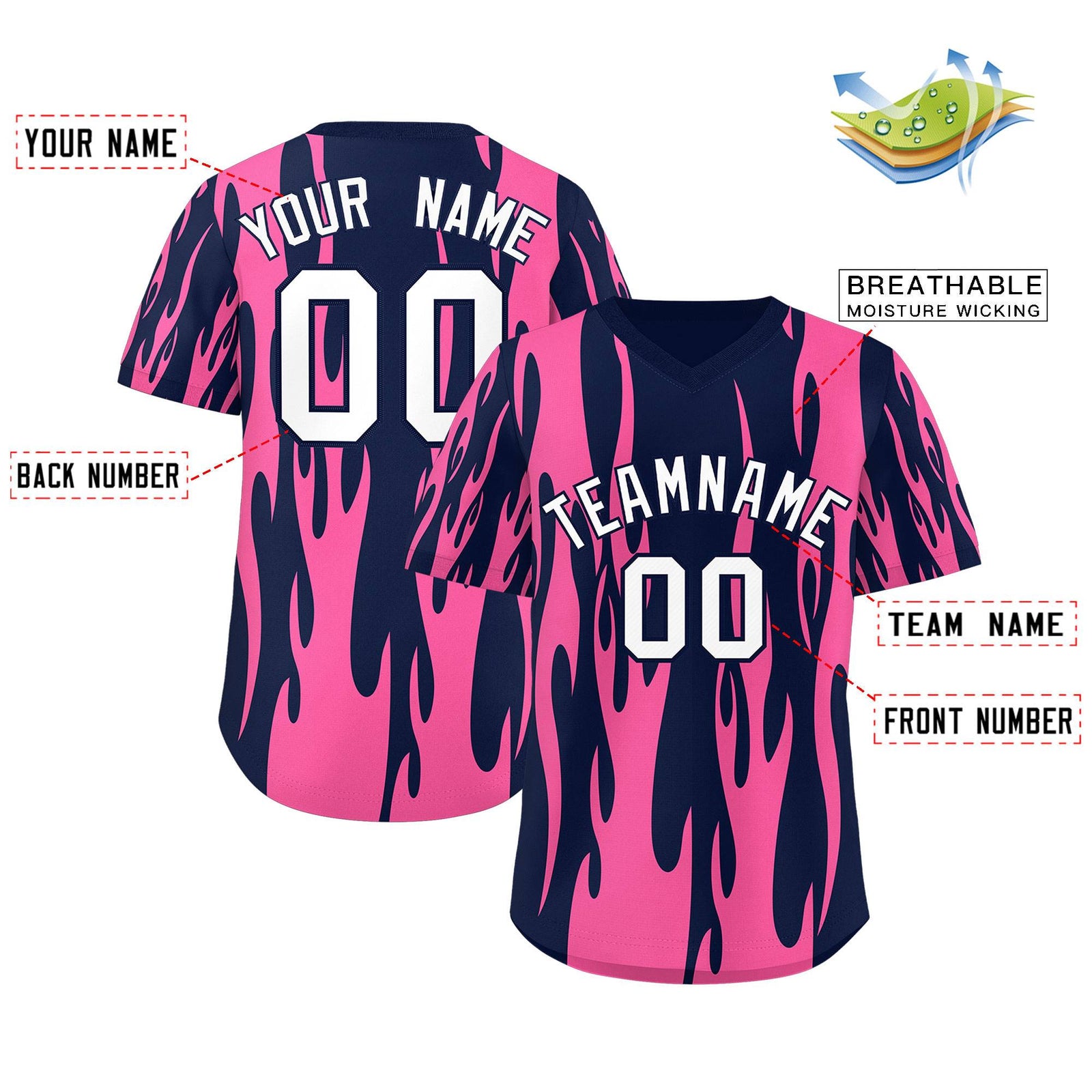 Custom Navy Pink Flame Pattern Authentic Pullover Baseball Jersey