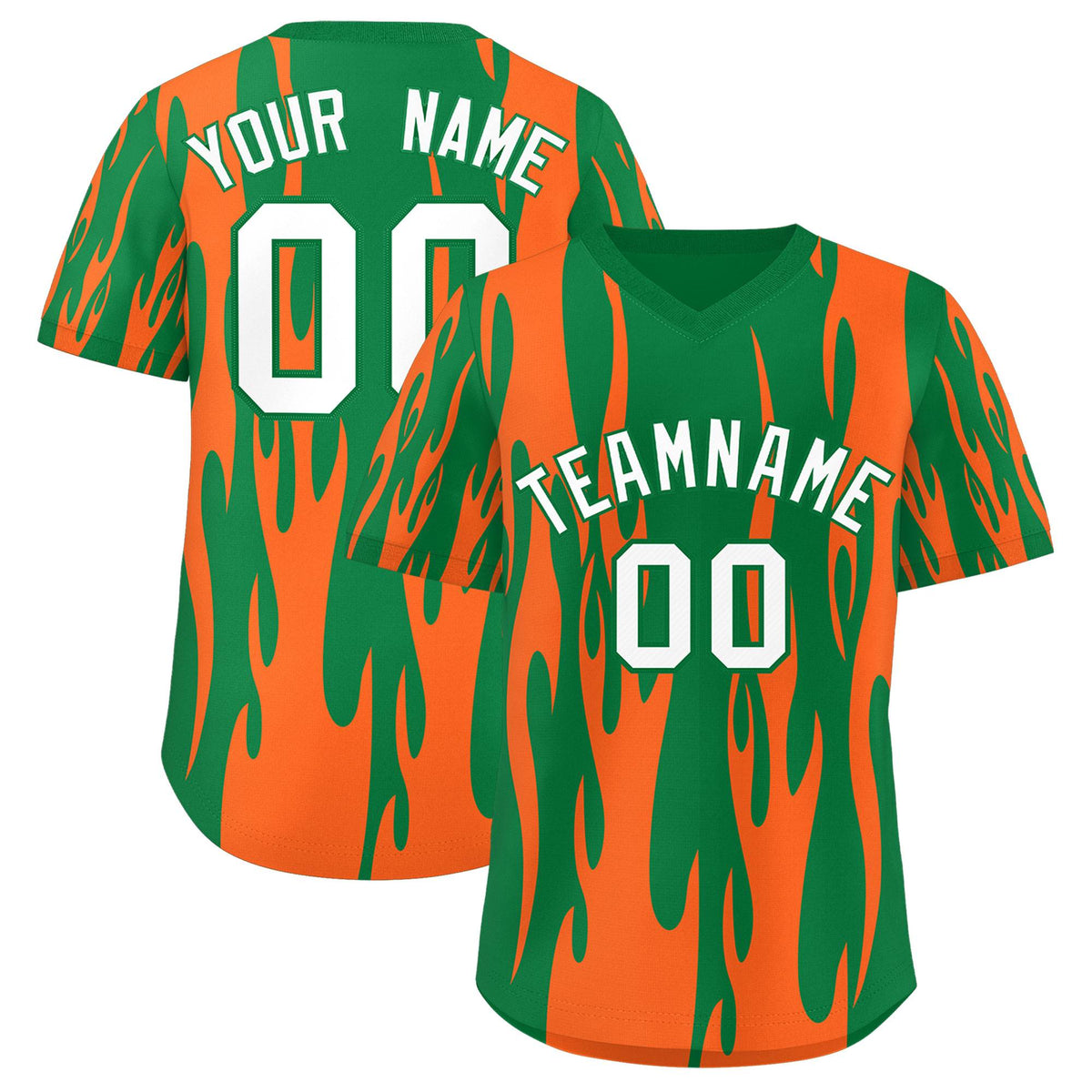 Custom Kelly Green Orange Flame Pattern Authentic Pullover Baseball Jersey