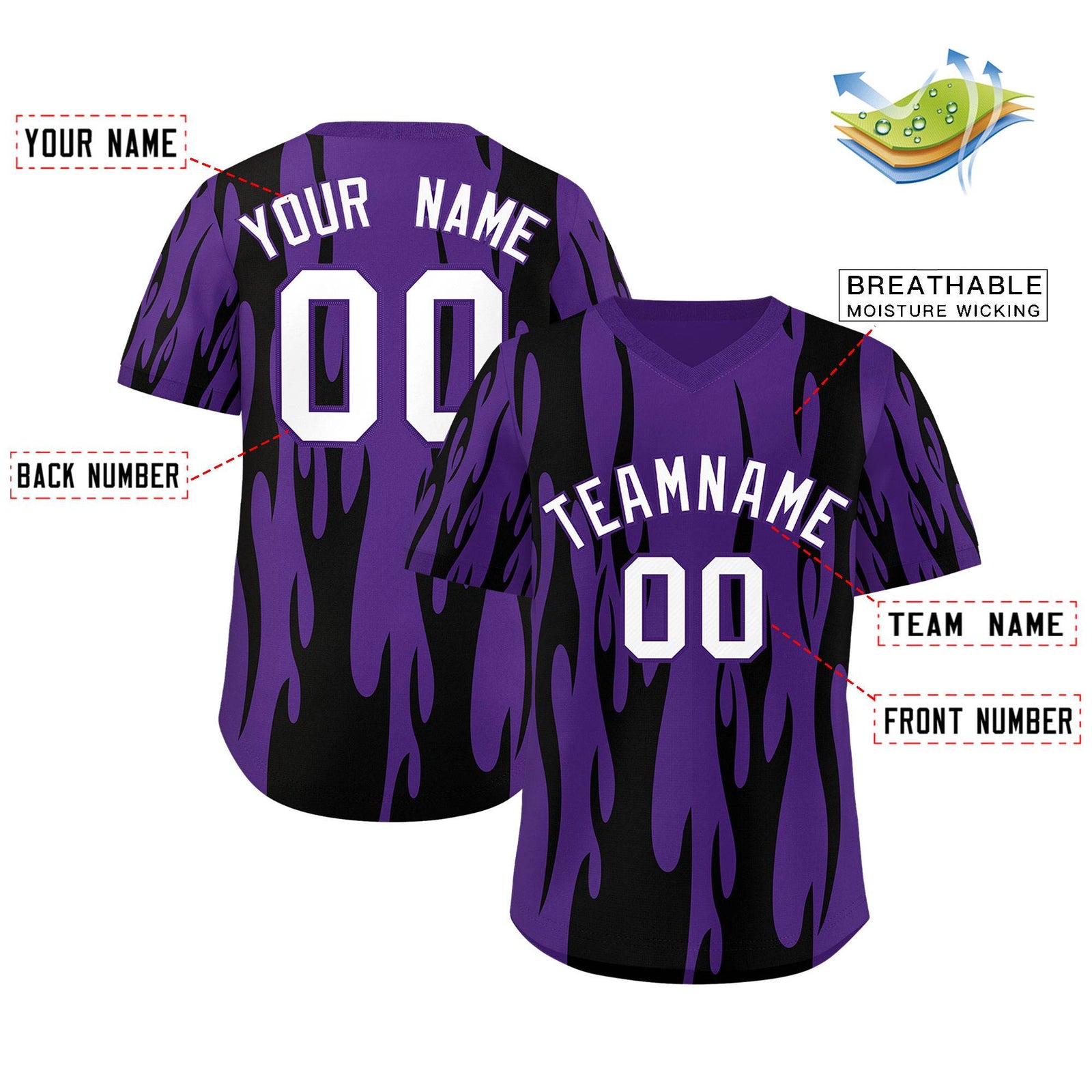 Custom Purple Black Flame Pattern Authentic Pullover Baseball Jersey