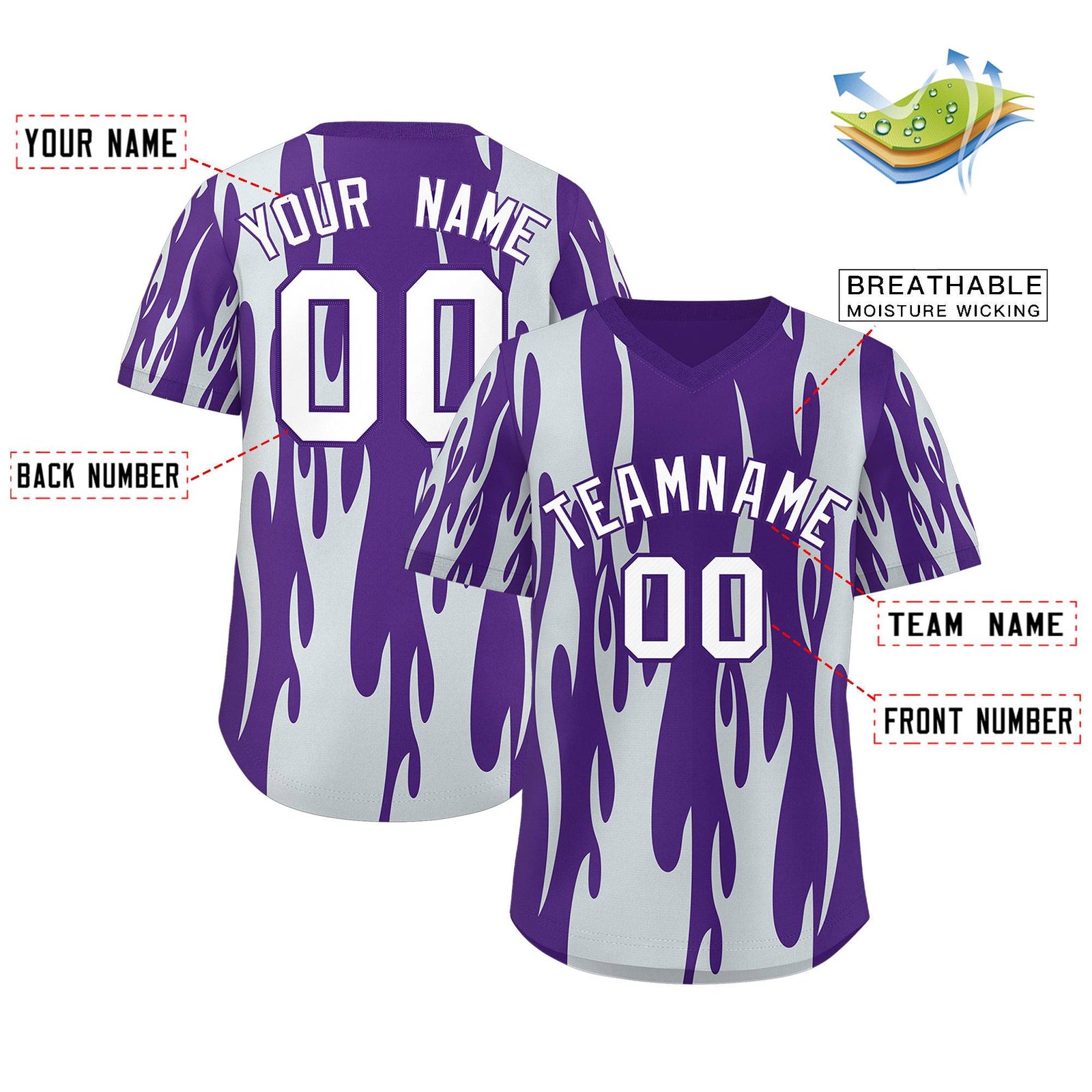 Custom Purple Silver Flame Pattern Authentic Pullover Baseball Jersey