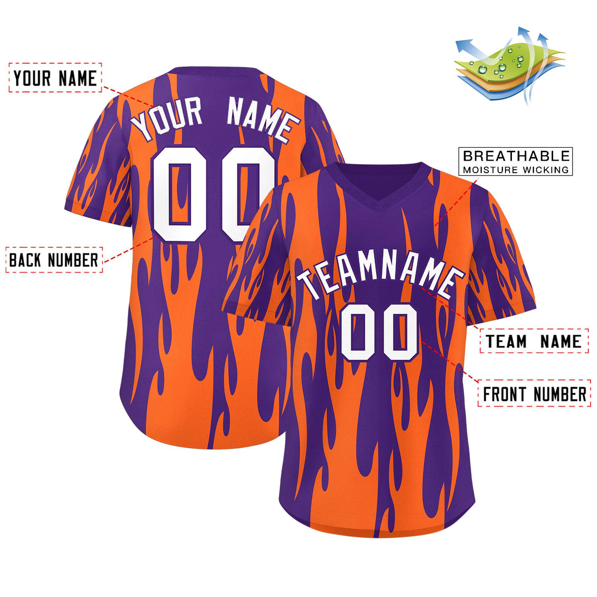Custom Purple Orange Flame Pattern Authentic Pullover Baseball Jersey