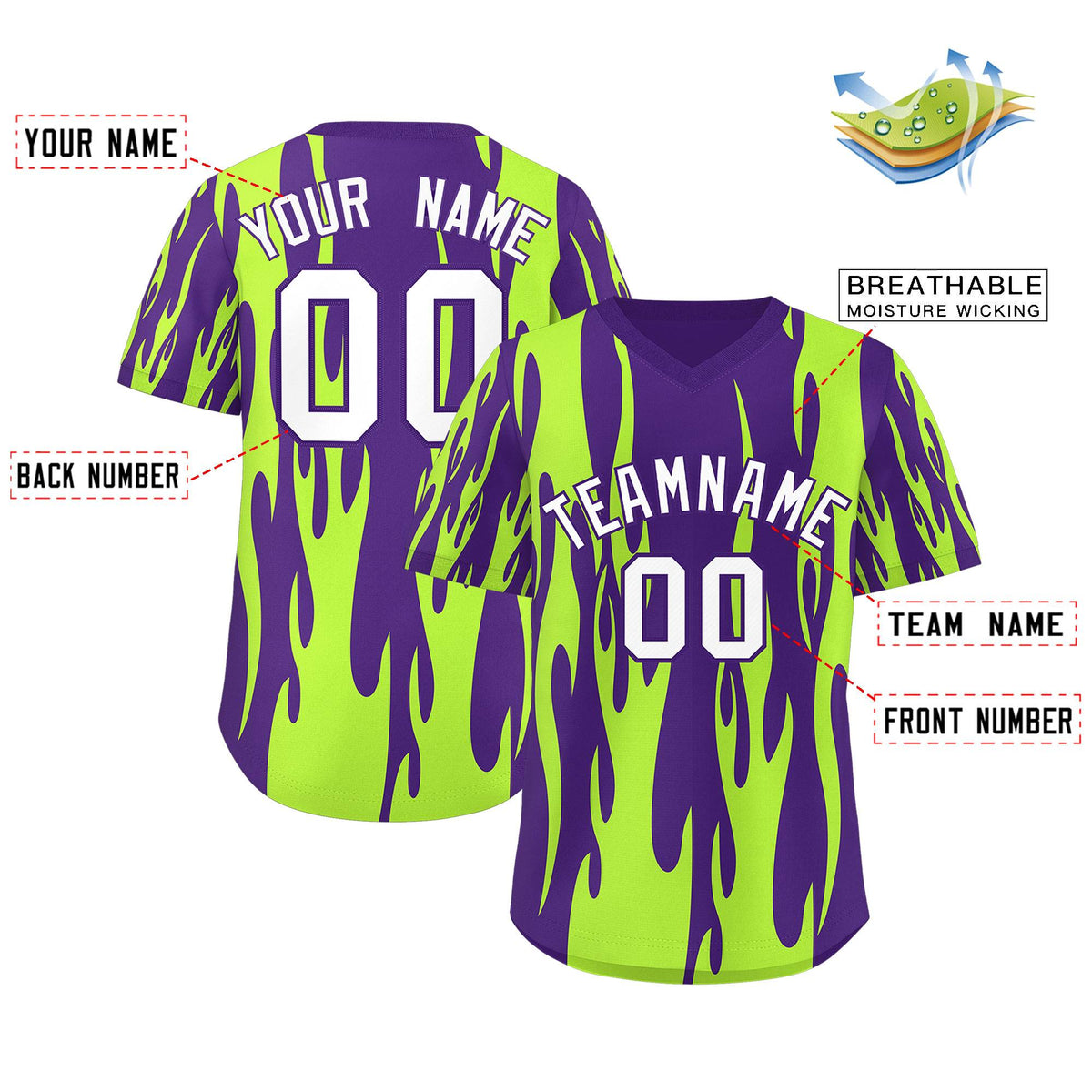 Custom Purple Neon Green Flame Pattern Authentic Pullover Baseball Jersey