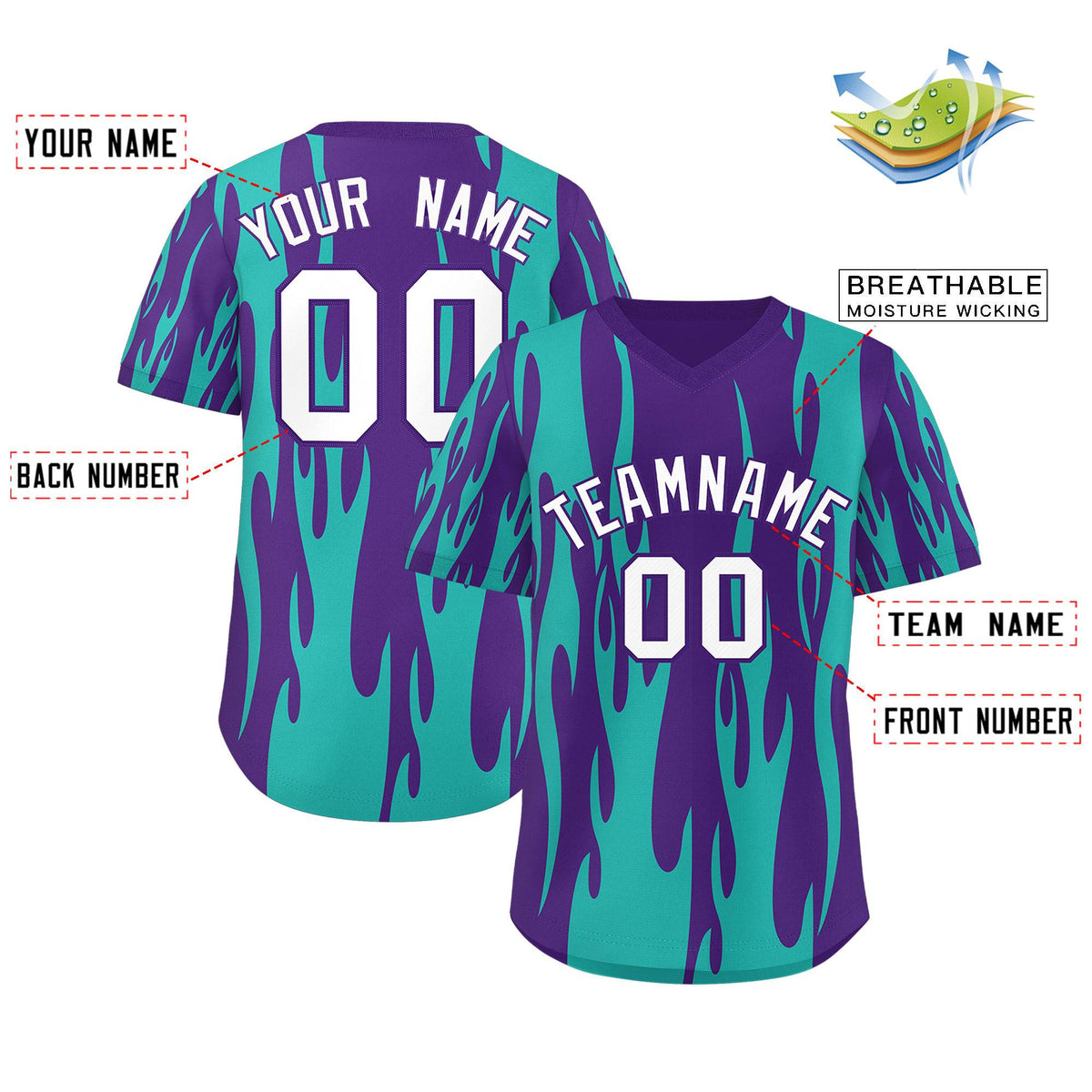 Custom Purple Aqua Flame Pattern Authentic Pullover Baseball Jersey