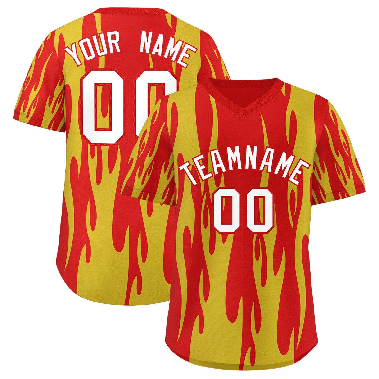 Custom Red Gold Flame Pattern Authentic Pullover Baseball Jersey