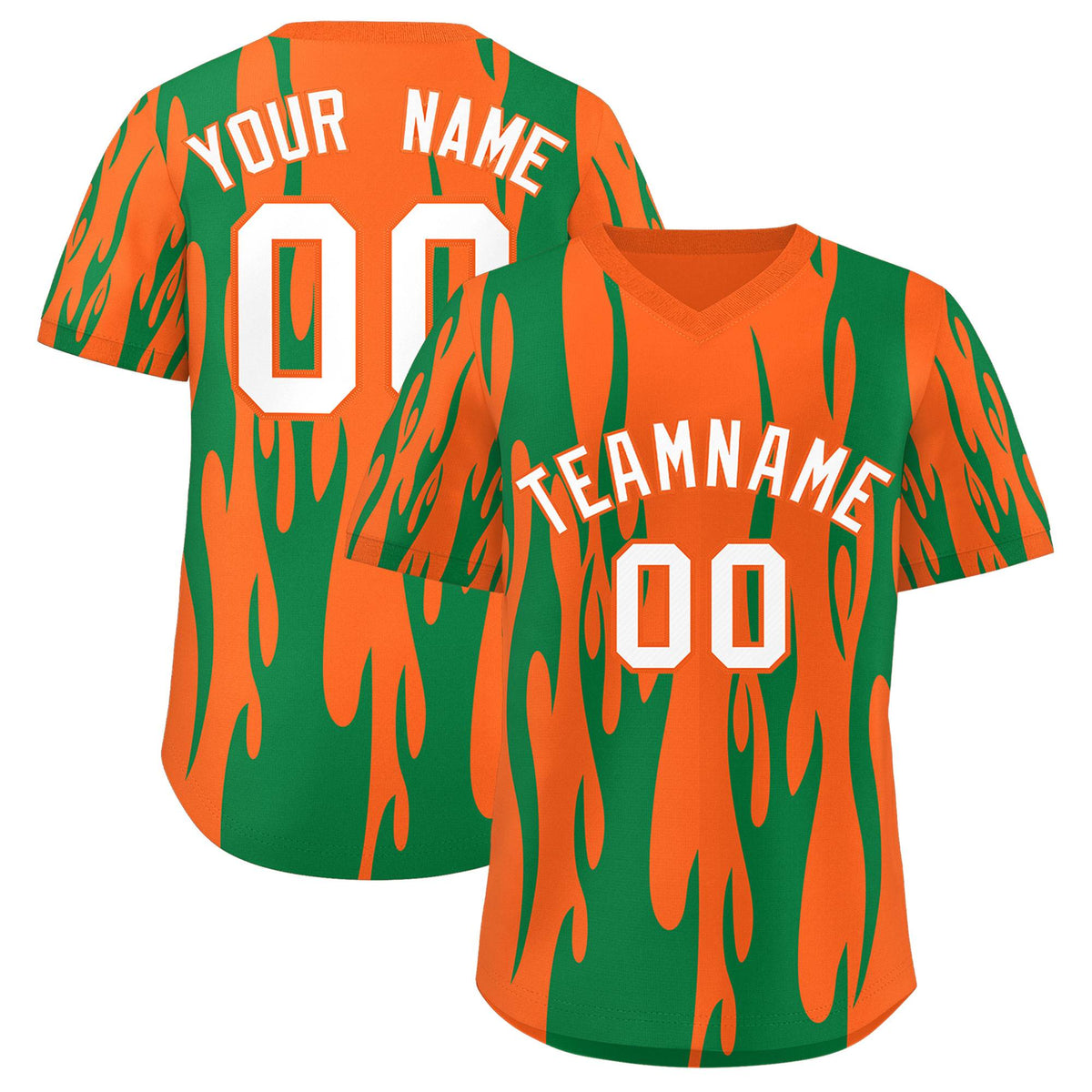 Custom Orange Kelly Green Flame Pattern Authentic Pullover Baseball Jersey