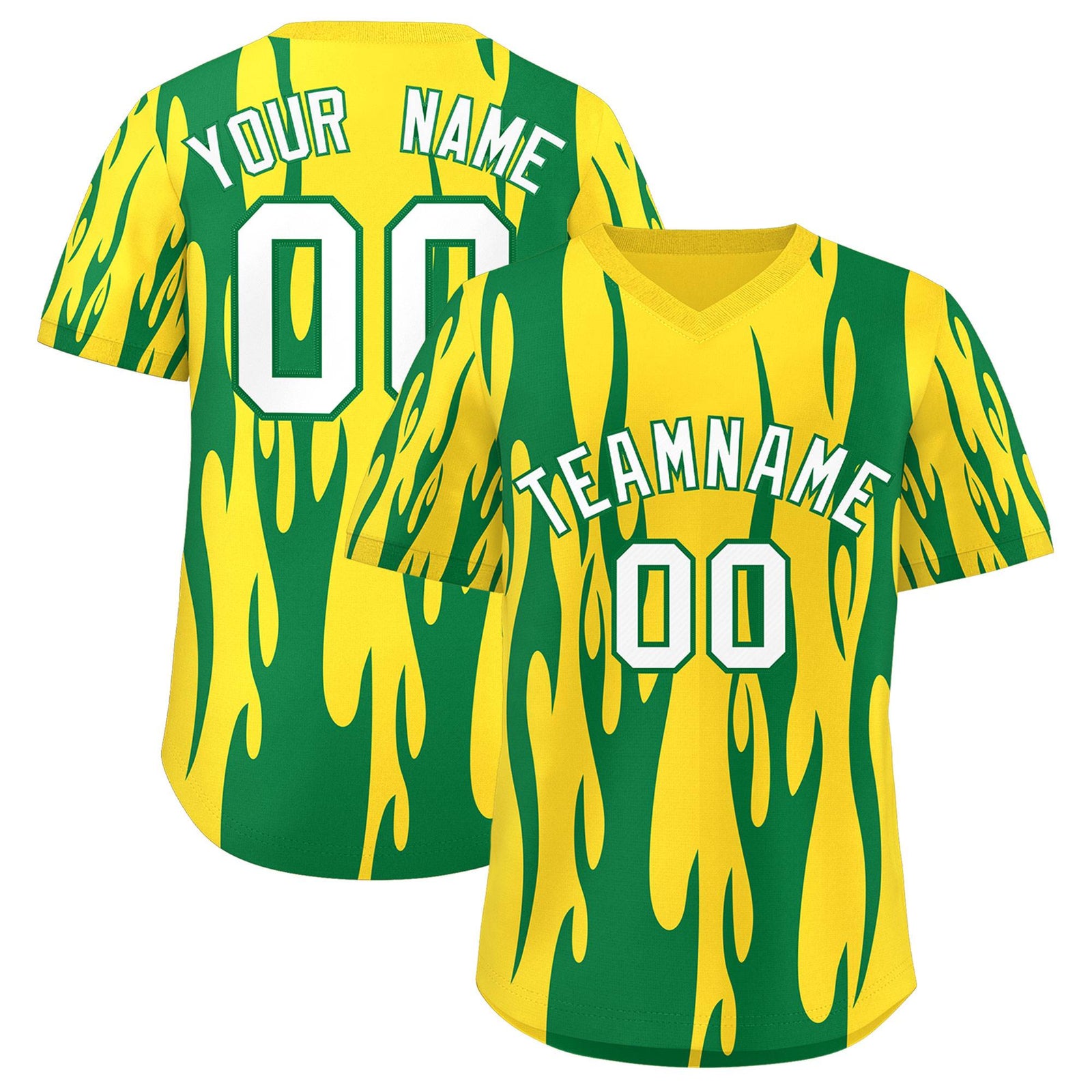 Custom Gold Kelly Green Flame Pattern Authentic Pullover Baseball Jersey