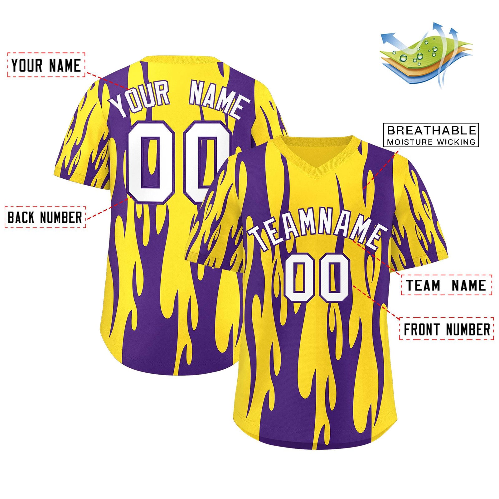 Custom Gold Purple Flame Pattern Authentic Pullover Baseball Jersey
