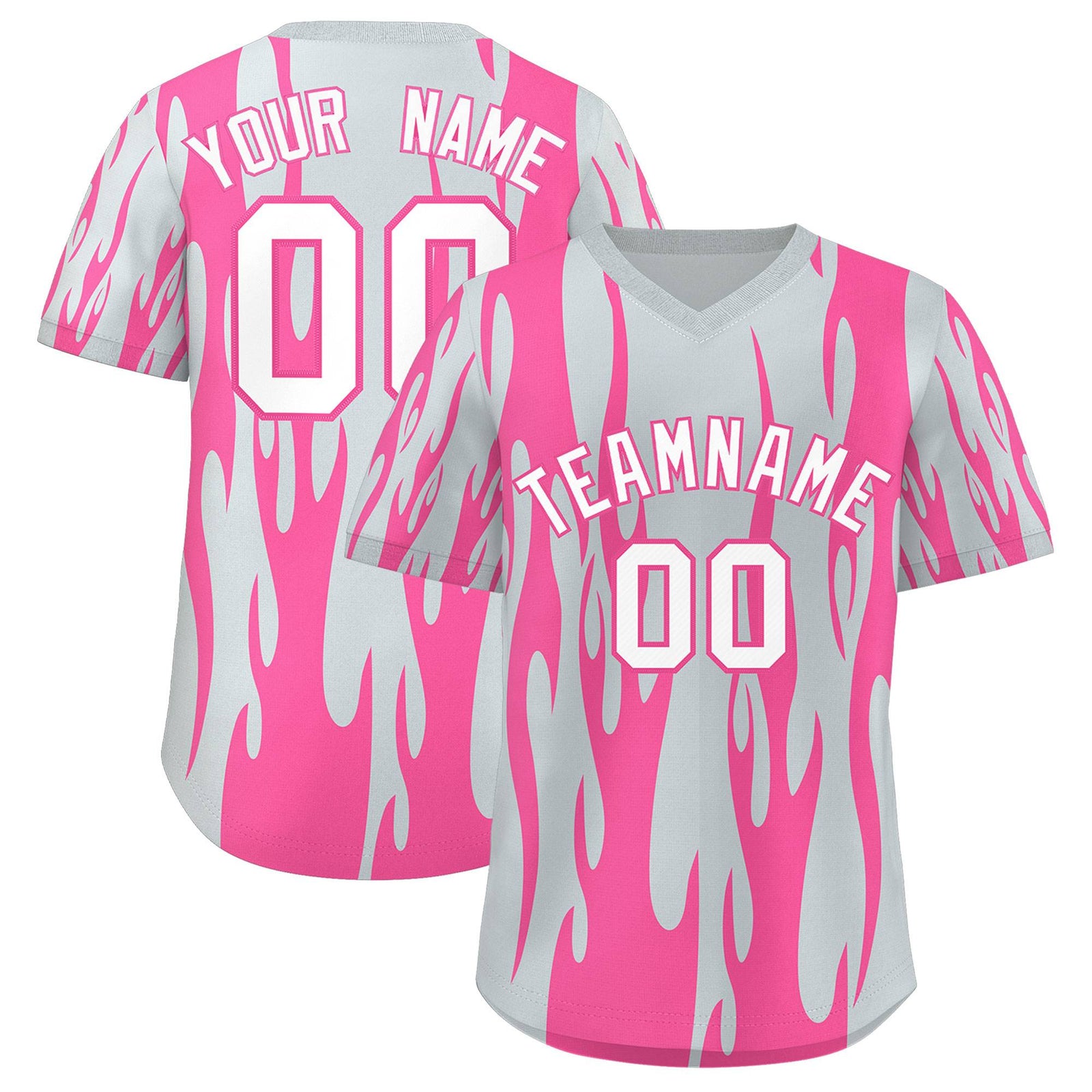 Custom Pink Silver Flame Pattern Authentic Pullover Baseball Jersey